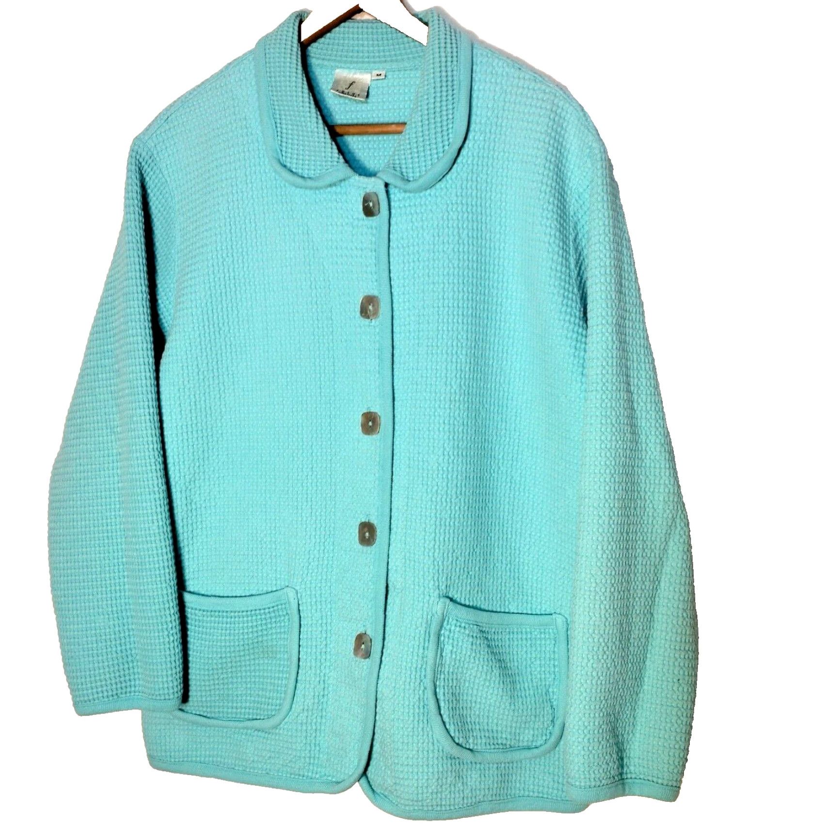 Vintage Focus Shacket Women M Waffle Woven Button Up Collared Coastal Blue Lagenlook USA Size M / US 6-8 / IT 42-44 - 2 Thumbnail