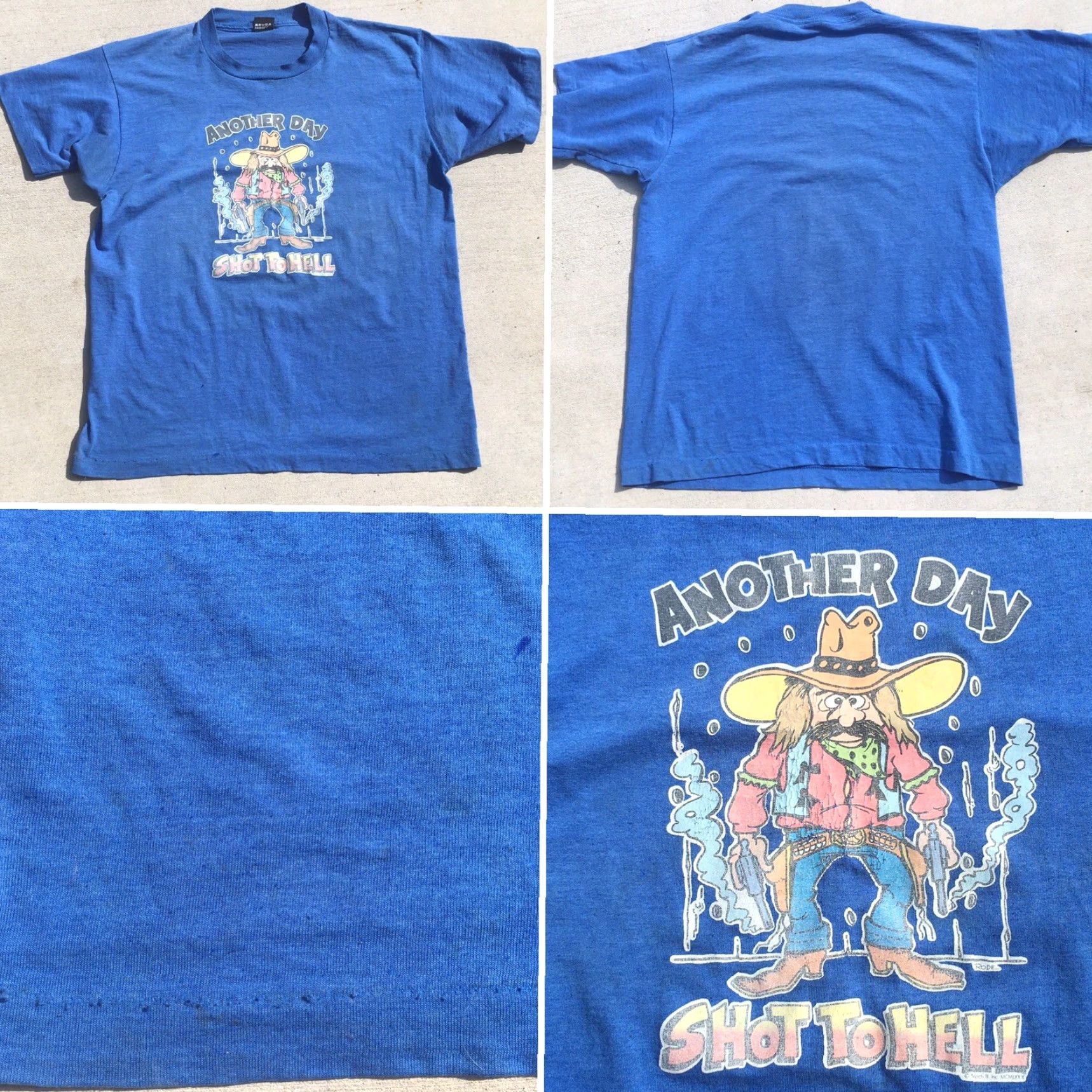 Vintage VINTAGE Screen Stars T-Shirt 1980s XL Blue Men Short Sleeve Graphic Tee Cowboy Iron On Another Day Shot To Hell 80s Size US XL / EU 56 / 4 - 5 Thumbnail