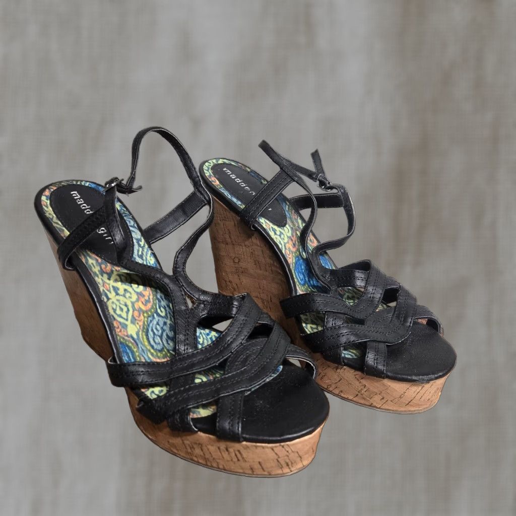 Vintage Madden Girl Strappy Wedge Sandal Black Faux Leather Adult Women's Size 10M Size US 10 / IT 40 - 1 Thumbnail