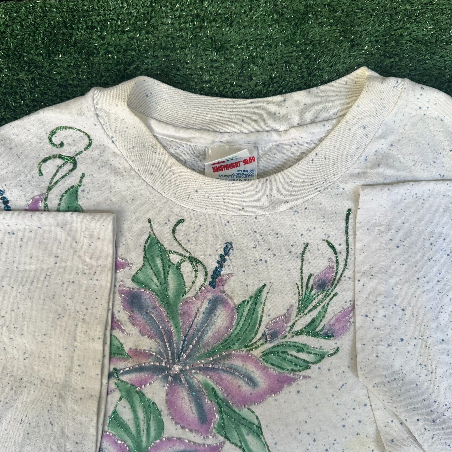 Hanes Vintage 90s Floral T-Shirt Speckled White XXL Single Stitch Size US XXL / EU 58 / 5 - 4 Thumbnail