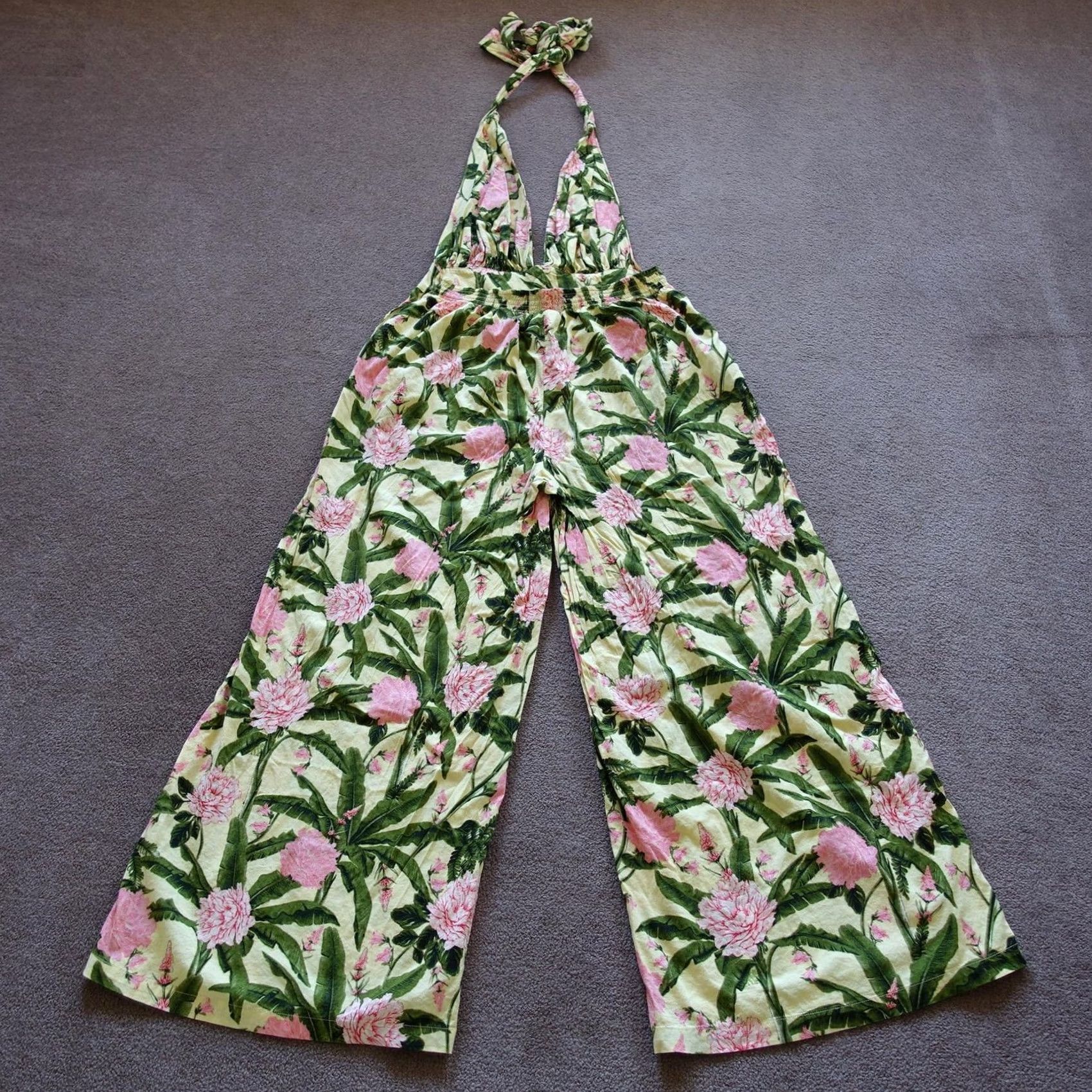 Vintage Aguabendita Jumpsuit Womens XL Yellow Floral Halter Wide Leg Tropical Target Size 40" / US 18 - 5 Thumbnail