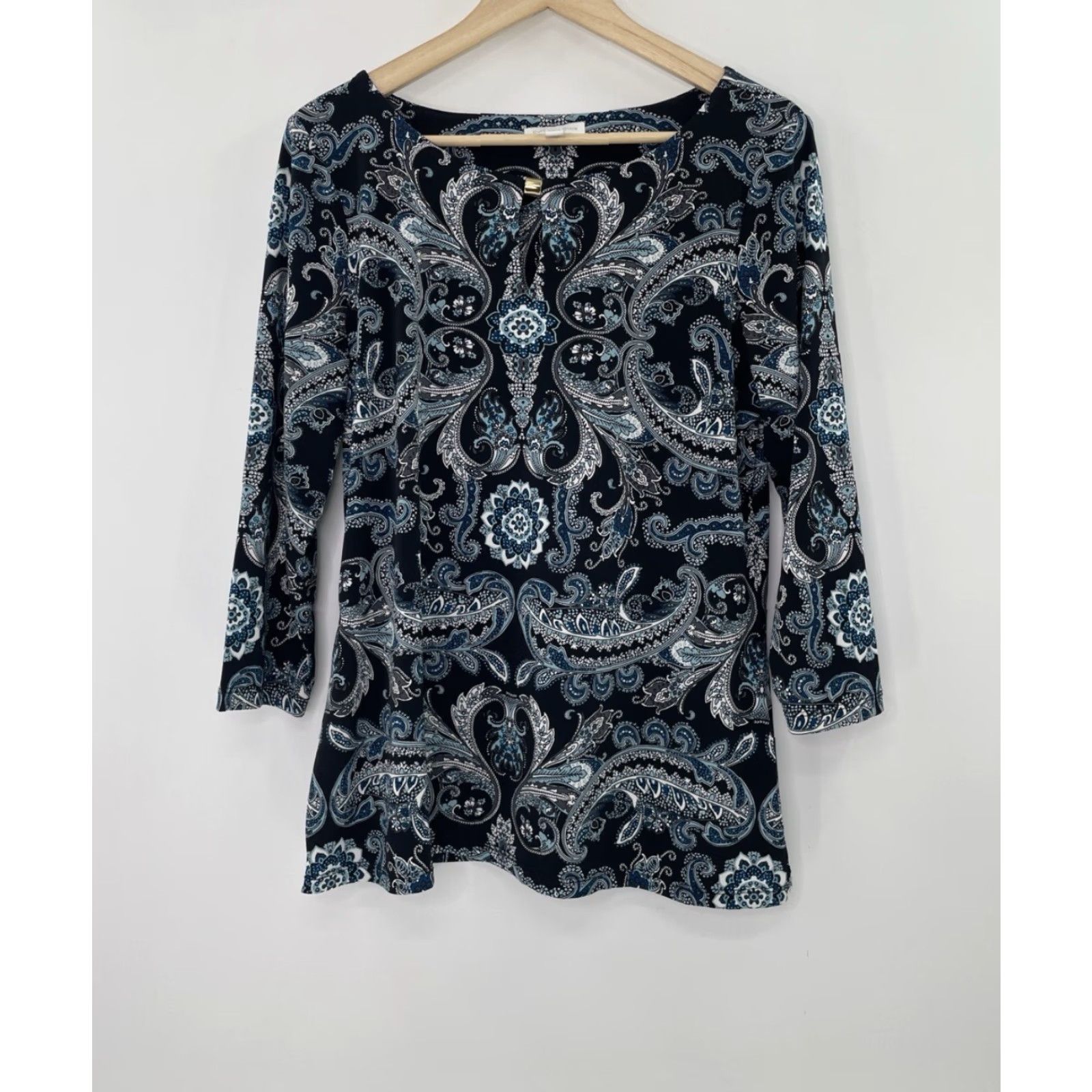 Charter Club Charter Club Blouse Shirt 3/4 Sleeve Paisley Blue Size M Career Regular Women Size M / US 6-8 / IT 42-44 - 2 Thumbnail