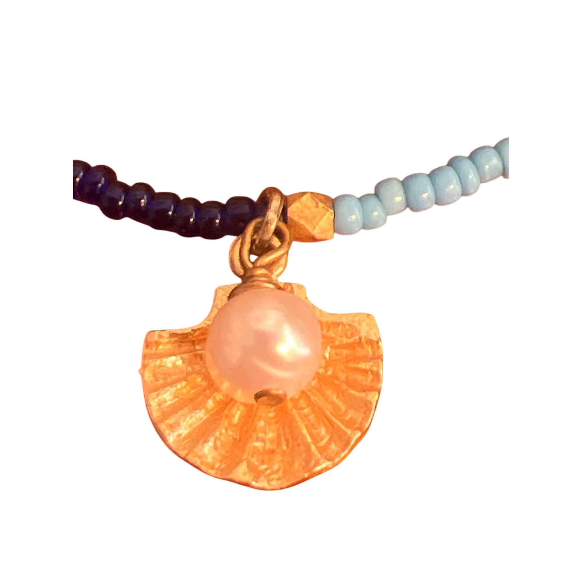 Other Vintage Glass Bead Necklace Gold Tone Shell Pendant Pearl Bl Size ONE SIZE - 2 Thumbnail