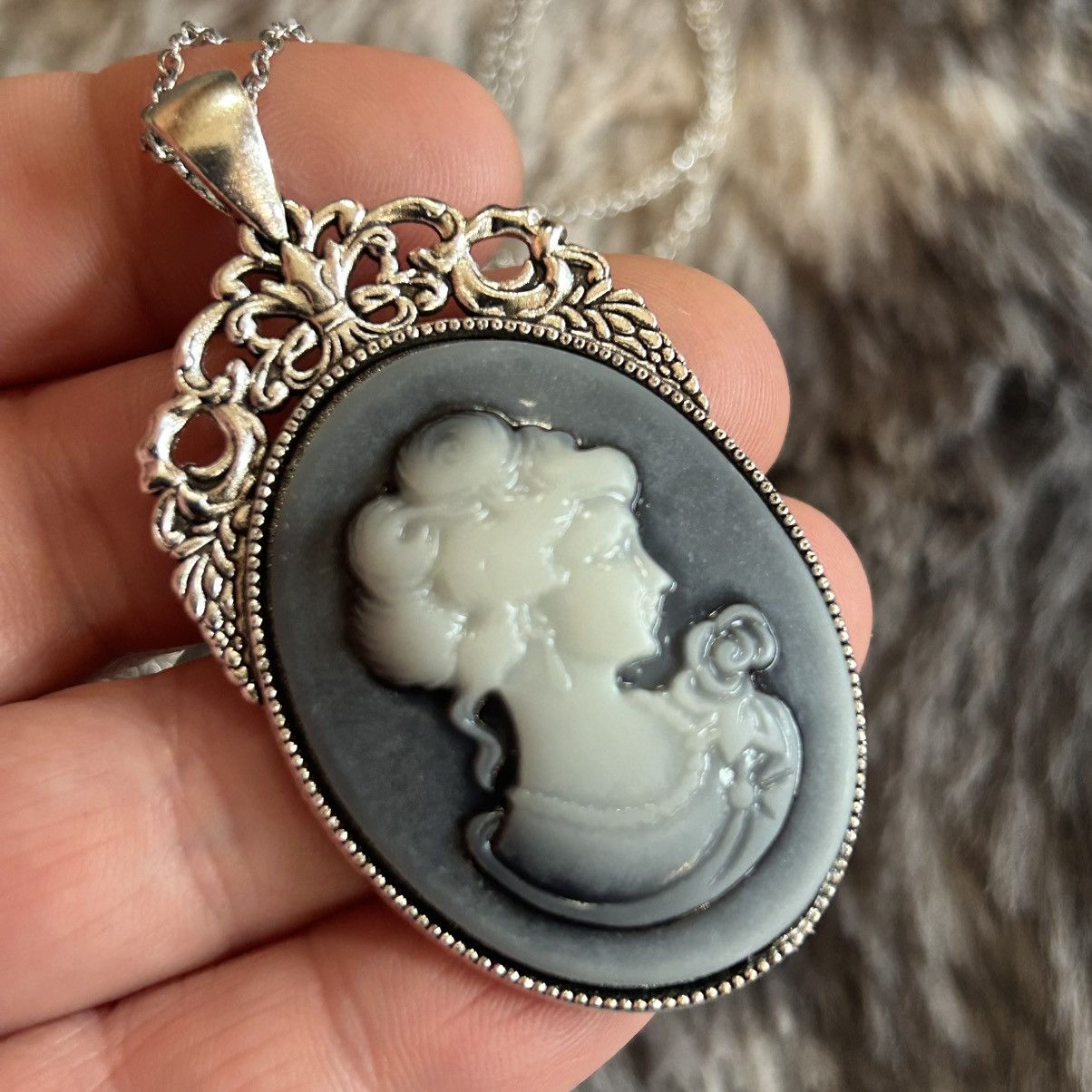 Handmade Handcrafted charcoal opalescent Victorian lady necklace Size ONE SIZE - 1 Thumbnail