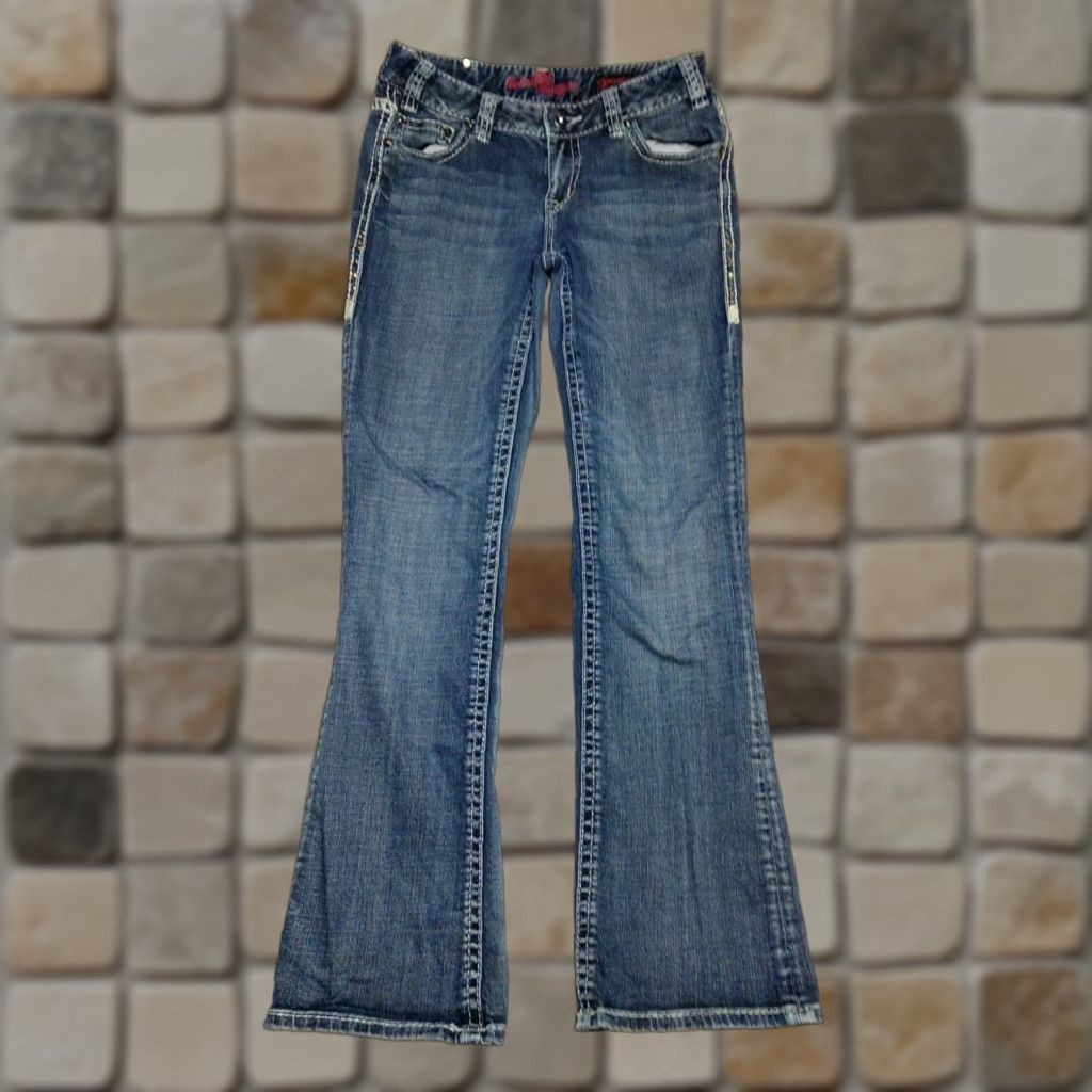 Denime Rock And Roll Cowgirl Jeans Women's 28x30 Mid Rise Bootcut Denim Blue Rhinestone 5-Pocket Stretch Comfort Size 28" / US 6 / IT 42 - 1 Thumbnail