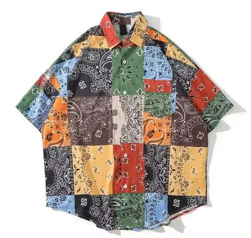 image of Vintage Paisley Bandana Print Short Sleeve Button Up, Men's (Size Medium)