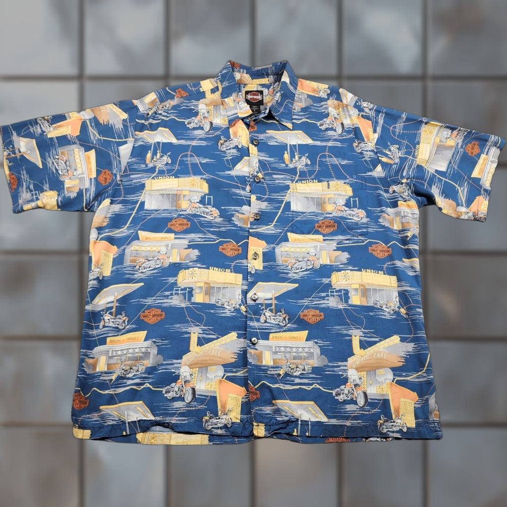 Harley Davidson VINTAGE Harley-Davidson Shirt Mens Large Blue Hawaiian Aloha Tori Richard 90s Size US L / EU 52-54 / 3 - 1 Thumbnail