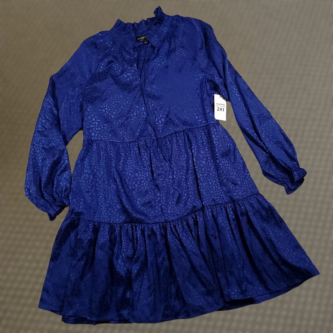 Vintage HARPER 241 Dress Womens 8 Blue Long Sleeve Tiered Ruffle Jacquard Satin Dress Size M / US 6-8 / IT 42-44 - 1 Thumbnail
