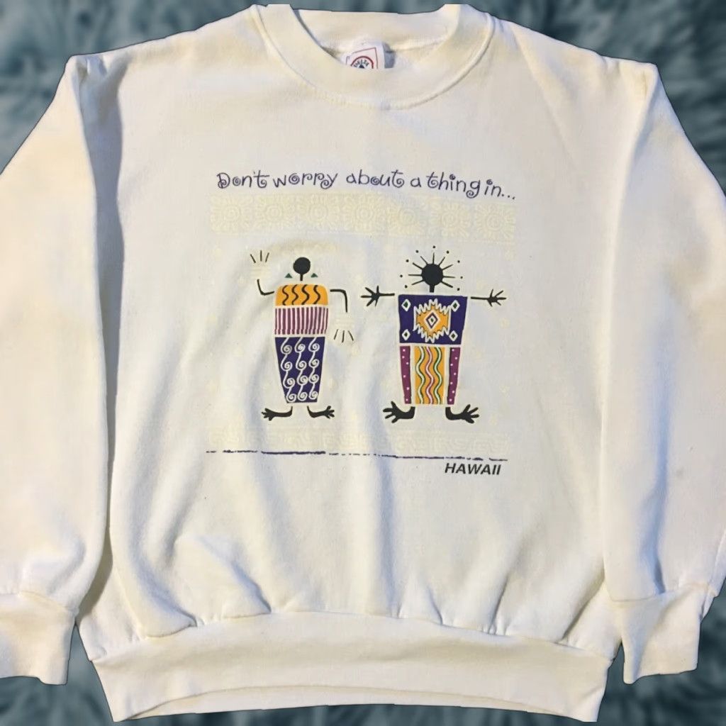 Delta Vtg 90s Don’t Worry About A Thing In Hawaii Sweatshirt M L Surf Tribal Maui TC Shirt Men Large White Surf Hawaii 90s Vintage USA Punk Style Pullover Size US L / EU 52-54 / 3 - 1 Thumbnail