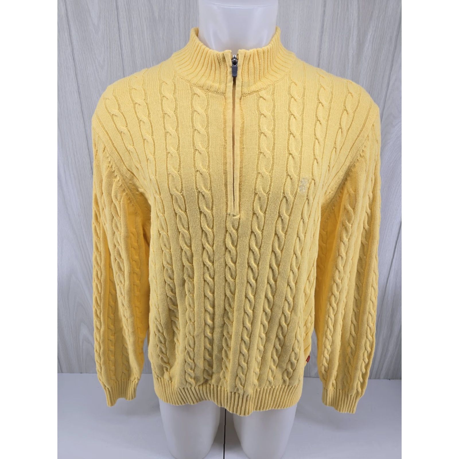 Izod IZOD Men’s Cable Knit Sweater Large Yellow Long Sleeve Quarter Zip 1/4 Shirt Size US L / EU 52-54 / 3 - 2 Thumbnail