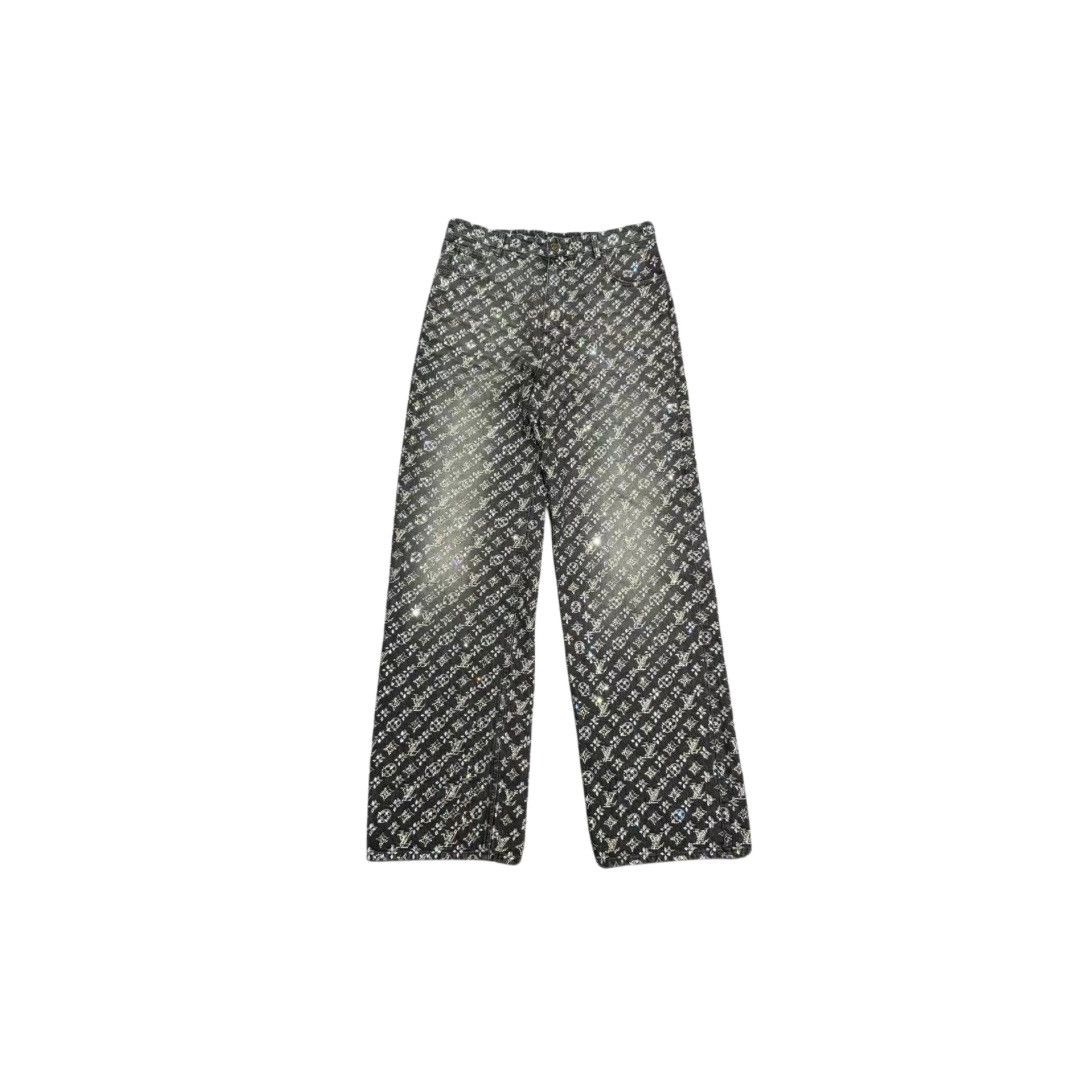 image of Louis Vuitton Made To Order Embroidered Monogram Denim Pants in Black, Men's (Size 31)