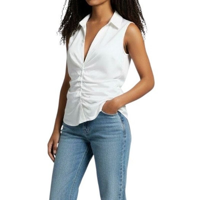 Express Express sleeveless deep plunge V-neck ruche blouse NWT Size L / US 10 / IT 46 - 1 Thumbnail