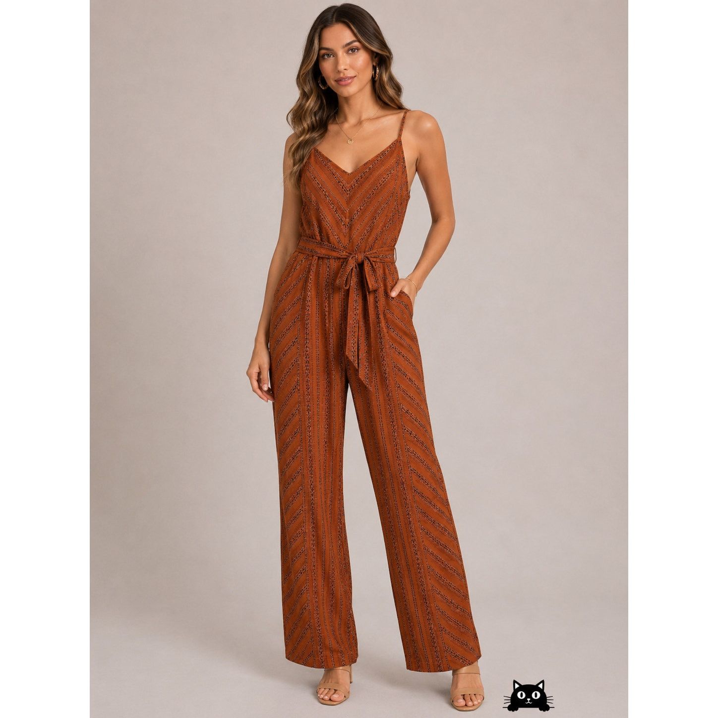 Other E & M Rust Aztec VNeck Spaghetti Strap Tie Waist Jumpsuit Size 30" / US 8 / IT 44 - 18 Thumbnail