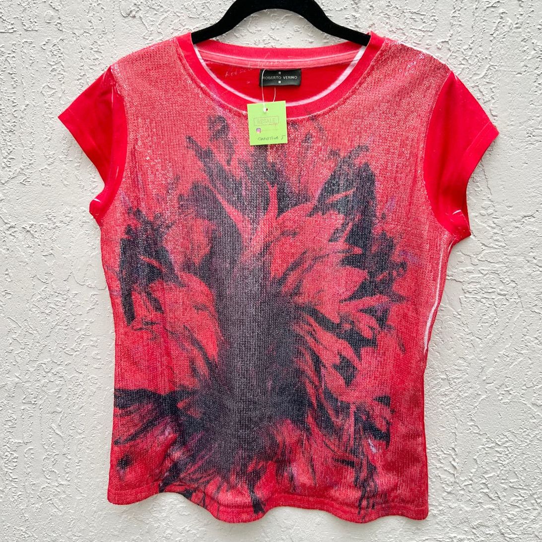 image of Roberto Verino Short Sleeve Floral Crew Neck Tee Shirt Red, Women's (Size XL)