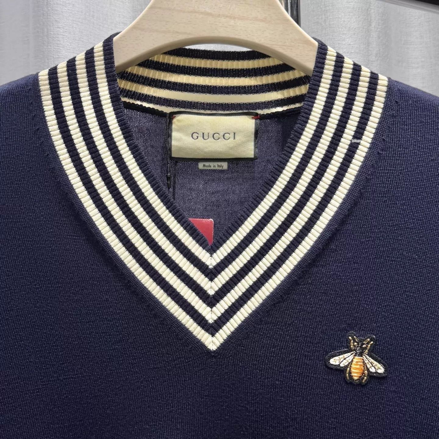 Gucci Blue V-Neck Knit Sweater with Striped Collar & Bee Size US XS / EU 42 / 0 - 3 Thumbnail