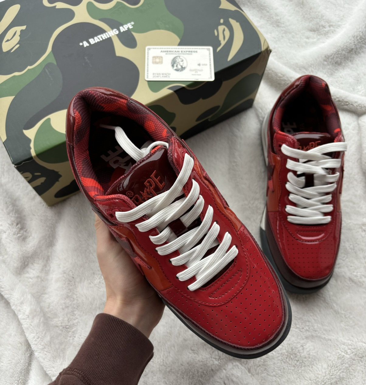Bape Bape Road Sta Red/Camo Patent Leather Sneakers Size US 13 / EU 46 - 6 Thumbnail