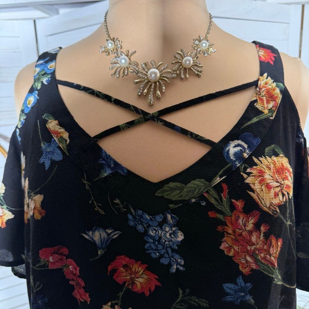 Vintage hippie blouse boho black red floral cold shoulder sz 3X Size 3XL / US 20-22 - 5 Thumbnail