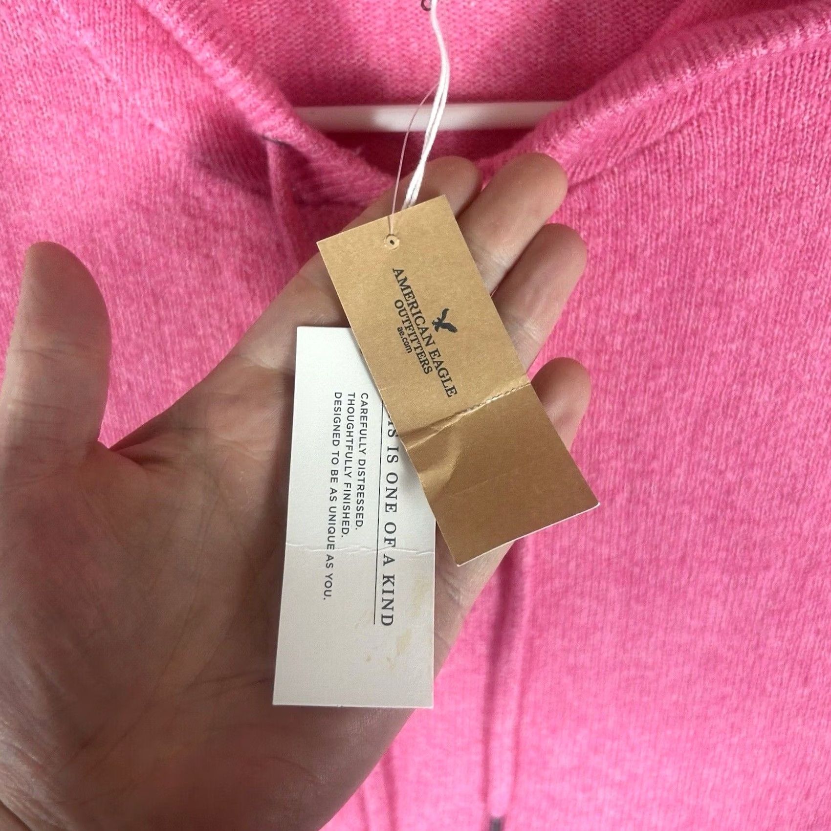 American Eagle Outfitters VINTAGE American Eagle Sweater Womens S Pink Distressed Fringe Hooded Oversized Knit Pullover Size S / US 4 / IT 40 - 3 Thumbnail