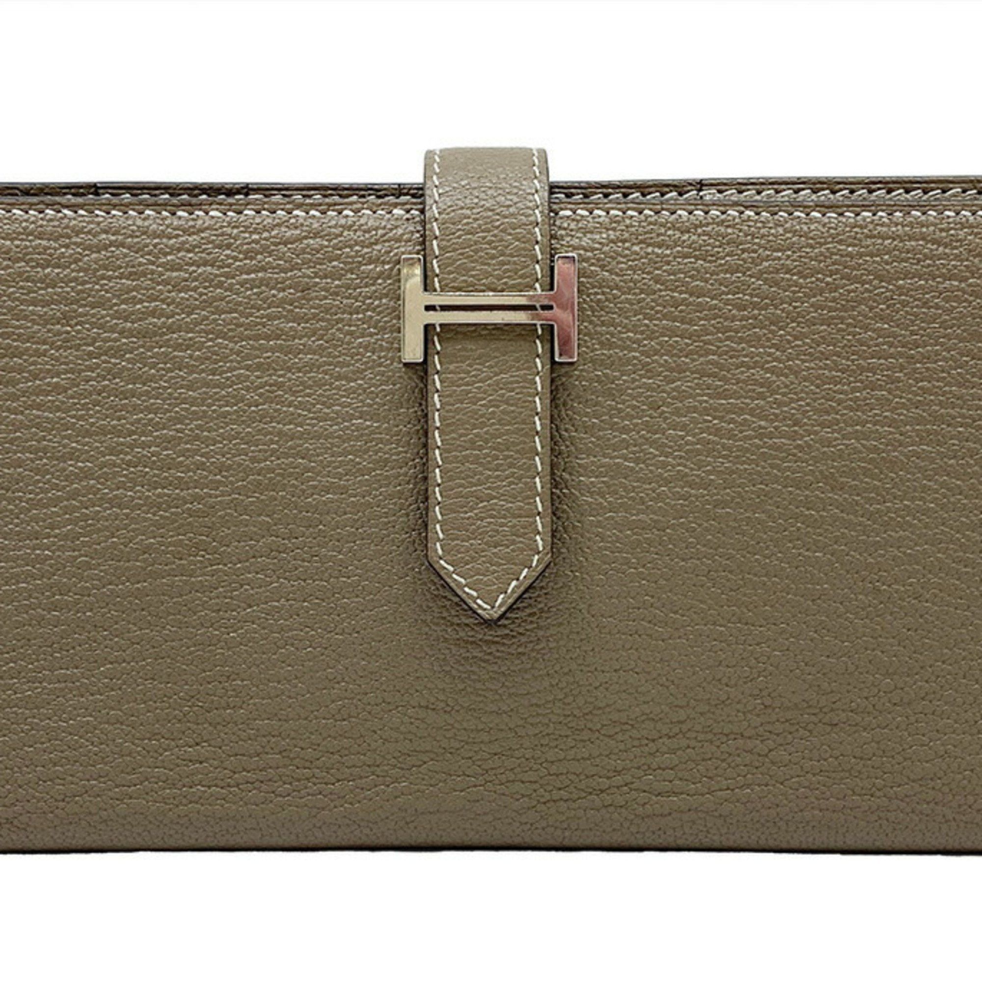image of Hermes Bearn Soufflet Chevre Etoupe Z Stamp 2011 Long Wallet Women Men Unisex in Etoupe Gray