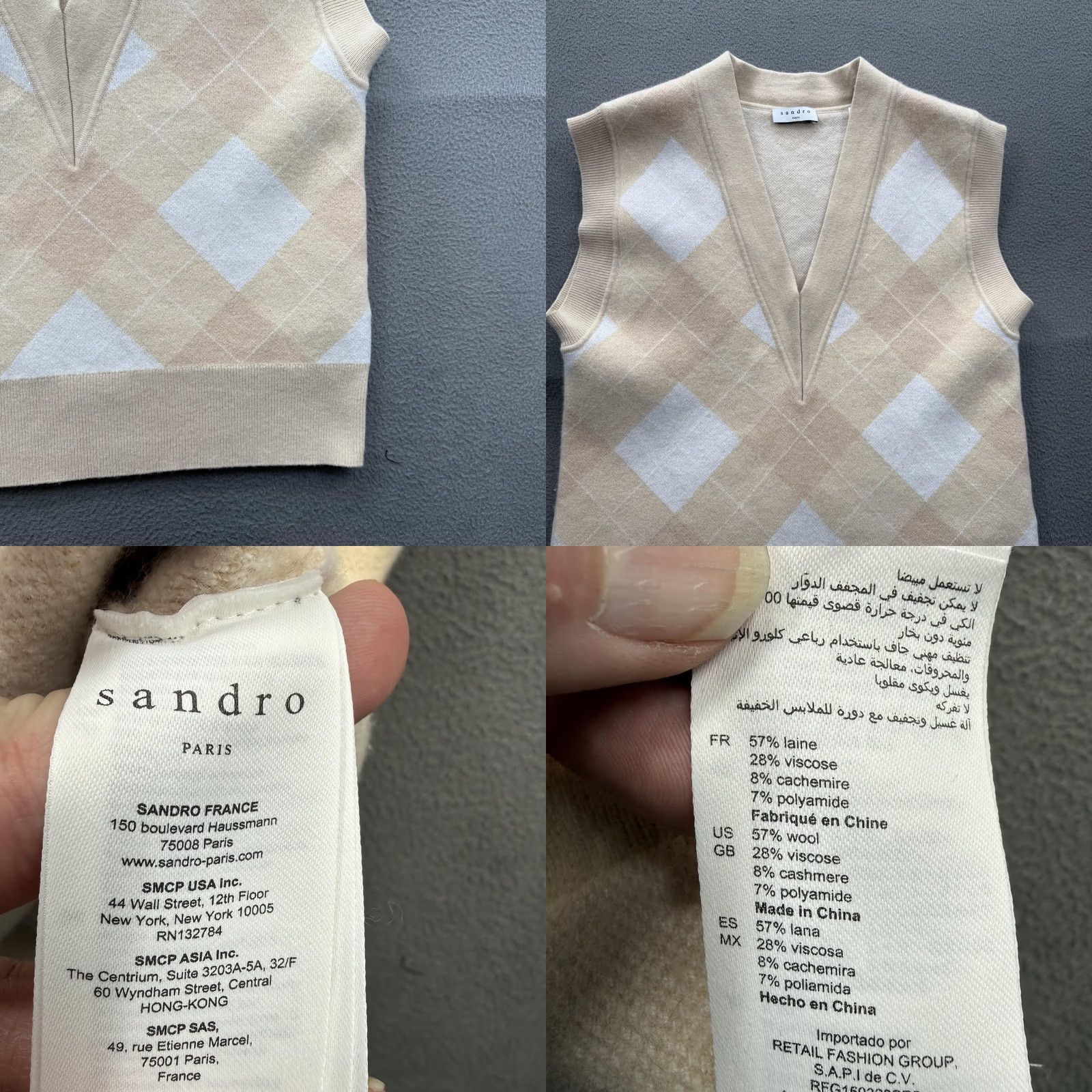 Sandro Sandro Vest Womens 1 Beige Argyle Knit V-Neck Preppy Cashmere Blend Sleeveless Wool Viscose Polyamide Tight-Knit Casual Size XS / US 0-2 / IT 36-38 - 8 Thumbnail