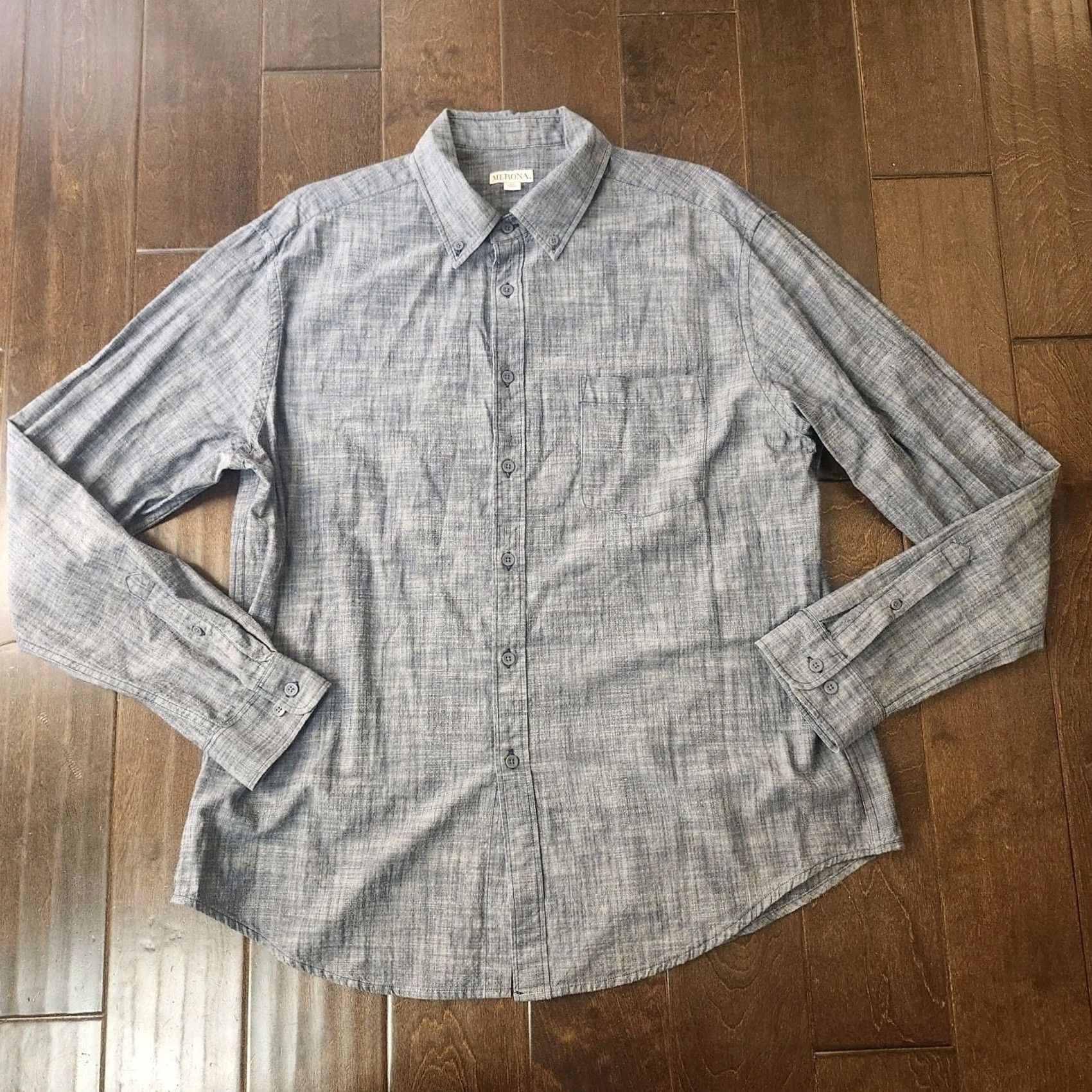 Merona Merona Button Up Shirt Mens XL Gray Chambray Long Sleeve Casual Western Pockets Breathable Solid Regular #65041 Size US XL / EU 56 / 4 - 2 Thumbnail