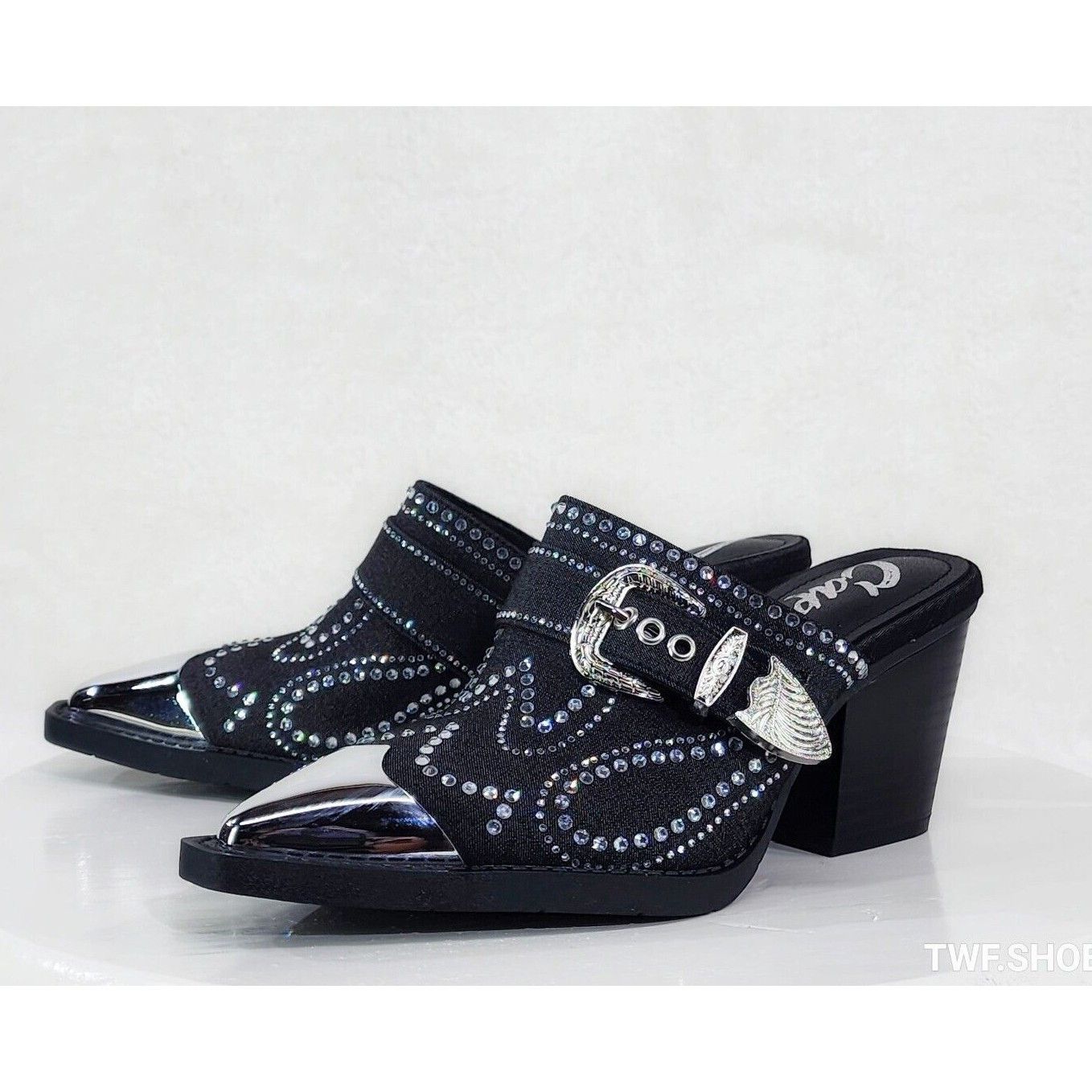 Vive Western Slip On Mules Black Denim Rhinestones Metal Toe