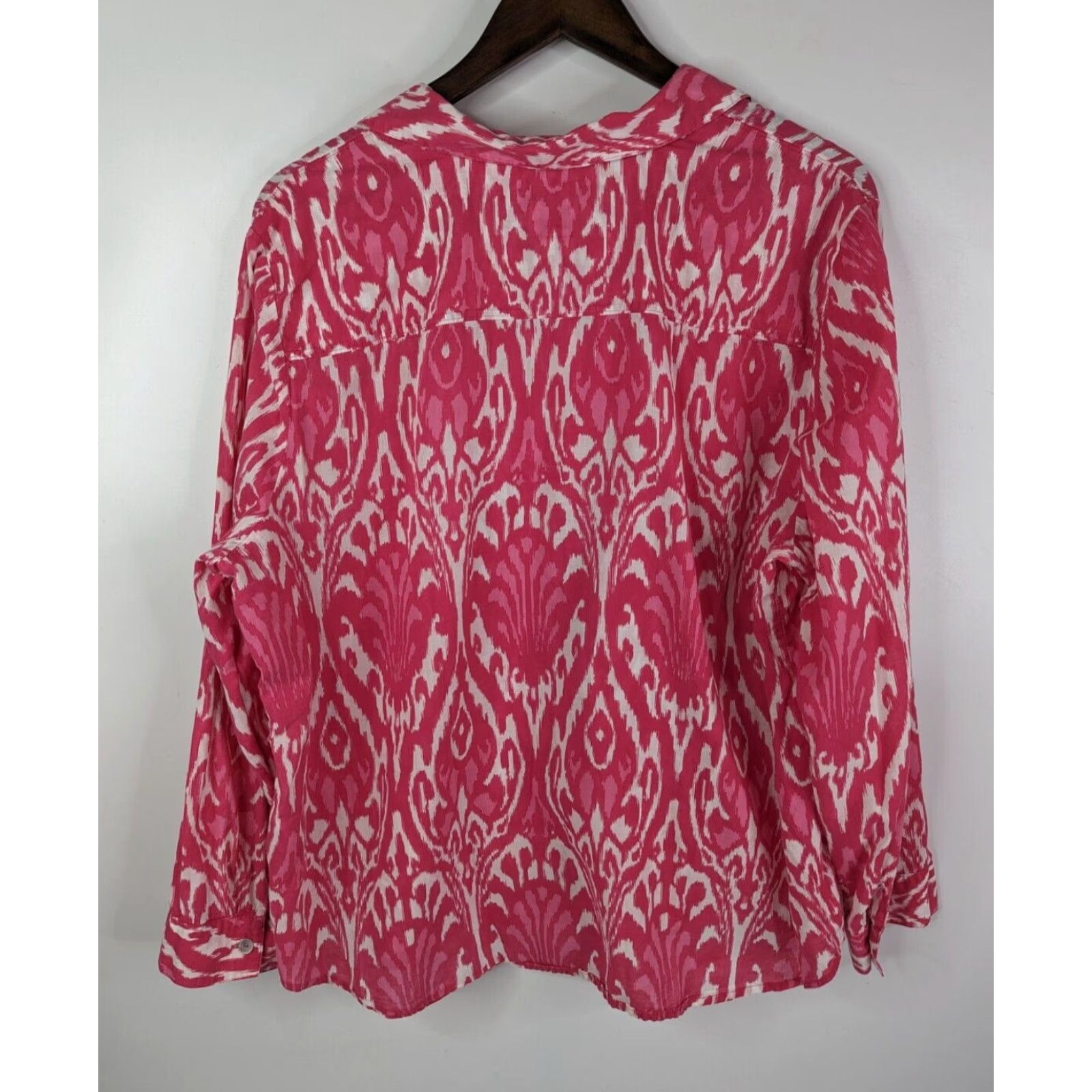 Vintage Chicos Shirt Womens Button-Up Damask Ikat Cotton Pink XL 3 US Sheer Sleeve Long Collared Size XL / US 12-14 / IT 48-50 - 4 Thumbnail