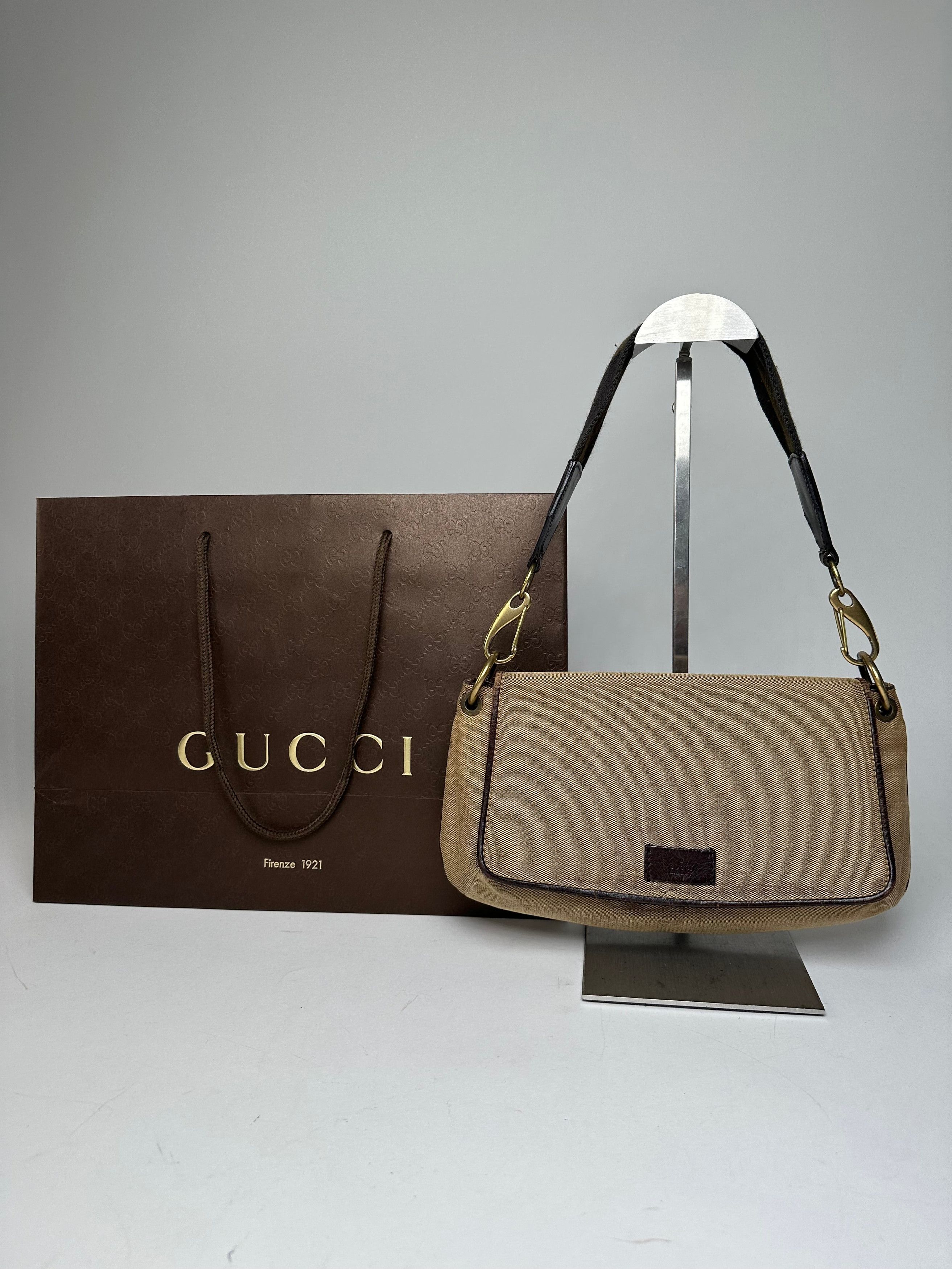 Gucci Vintage Cotton Leather Handbag Beige Brown Size ONE SIZE - 1 Thumbnail
