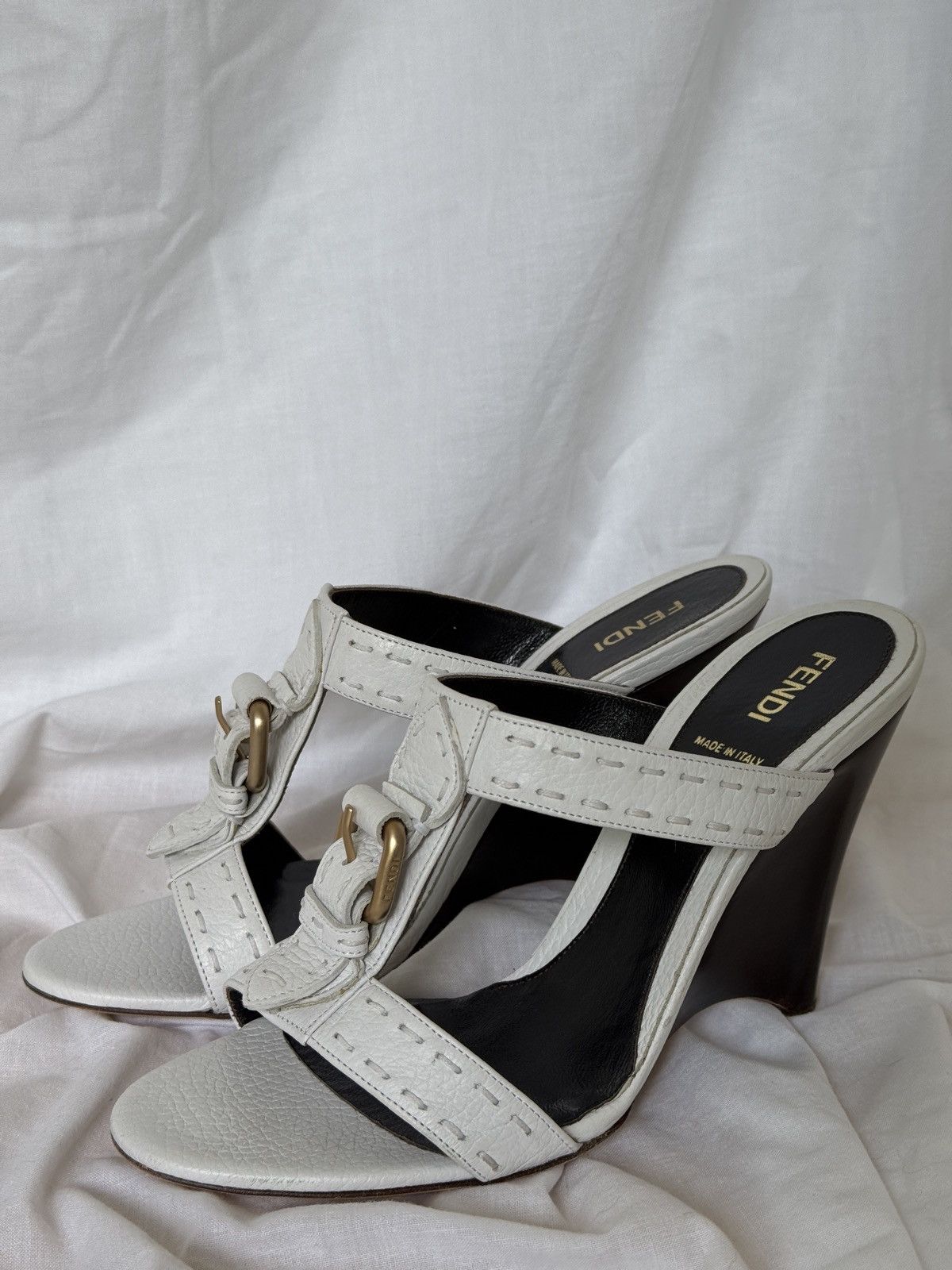 Fendi Fendi White Leather Strappy Mules Sandals on Wedges Buckle Size US 7.5 / IT 37.5 - 1 Thumbnail