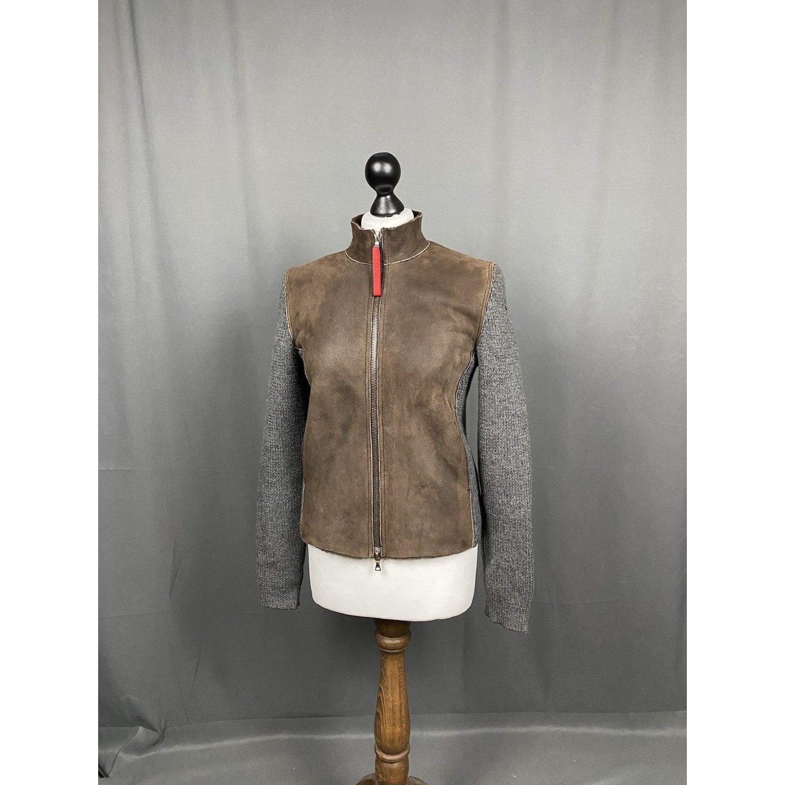 Prada Prada Women's Brown Gray Leather Calfskin Shearlig Wool Hybr Size S / US 4 / IT 40 - 4 Thumbnail