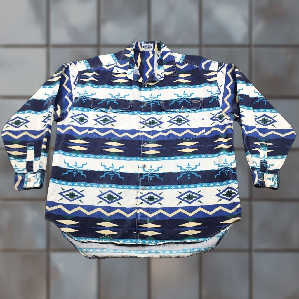 Vintage Motto Reddot Shirt Mens Large Blue Aztec Southwestern Button Up Western Shirt Size US XL / EU 56 / 4 - 1 Thumbnail