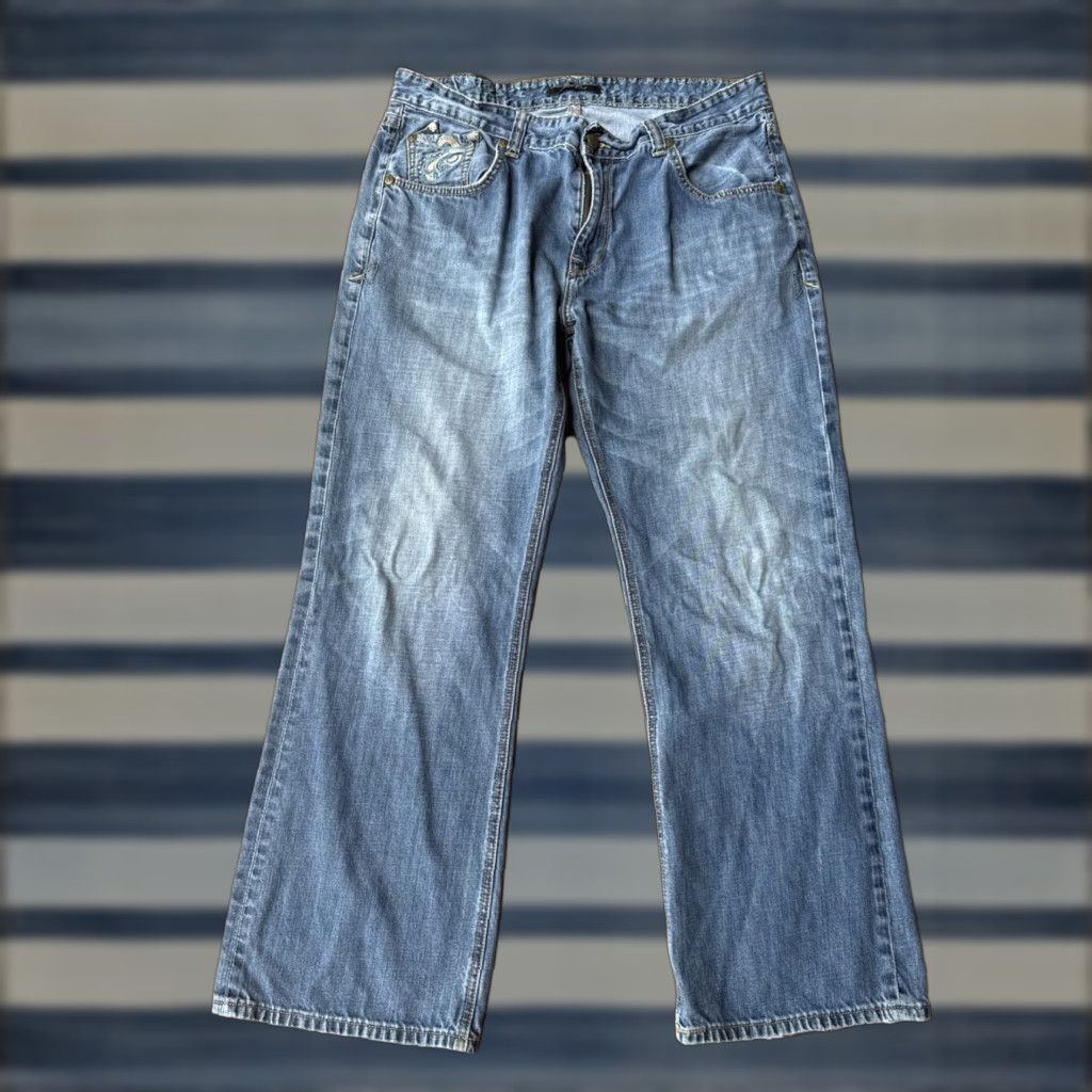 Marcs VINTAGE Marc Ecko Jeans Bootcut Mens 38x30 Dark Blue Cotton Embroidered 90s Grunge Hip Hop Pockets Relaxed Bootscut 38 Mens Size US 38 / EU 54 - 1 Thumbnail