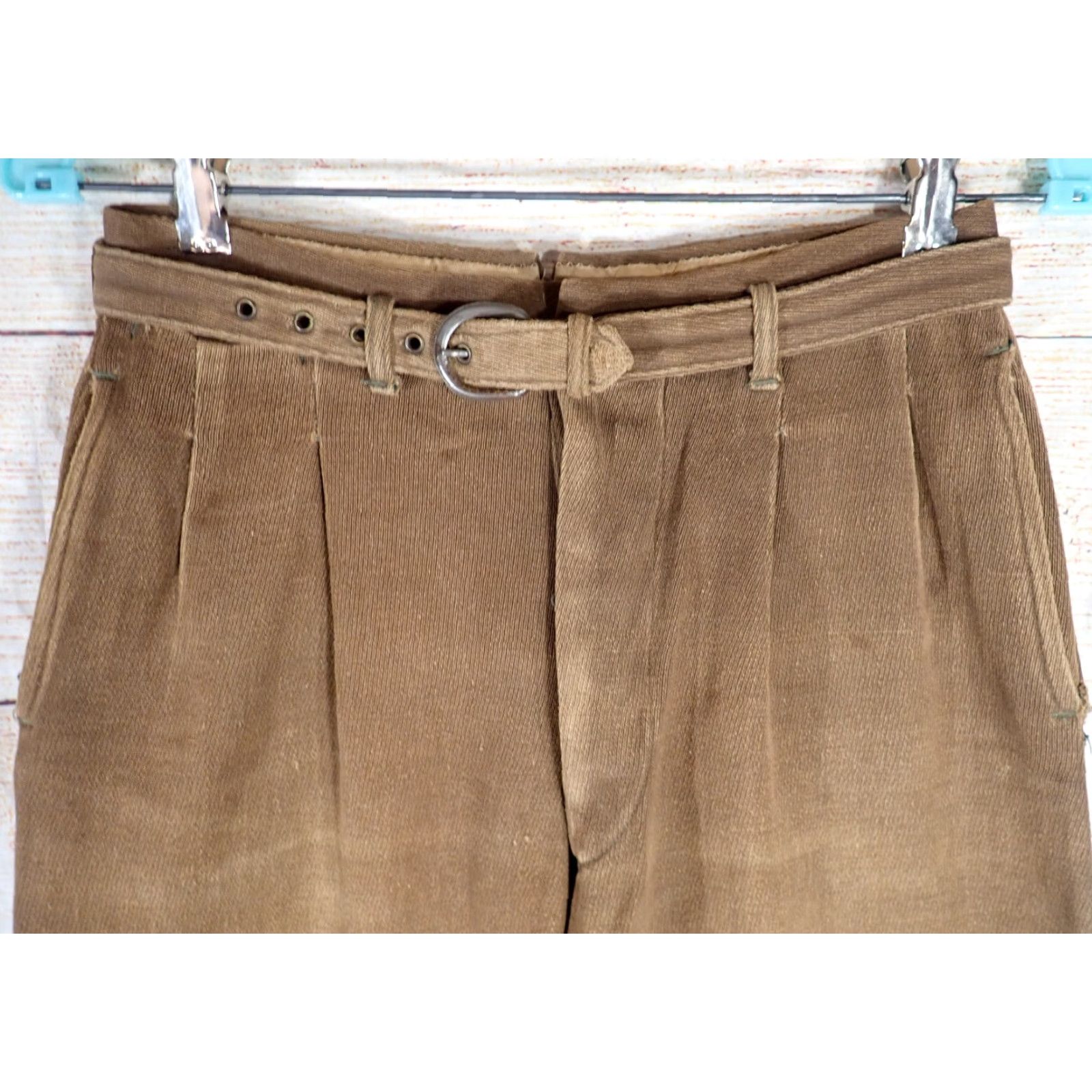 CLOT VINTAGE 1930s Lanshire Cloth Brown Gabardine Pleated Trousers 26x26 Men’s Pants with Belt Edwardian Style Straight Leg Flat Front WWII Era Size US 26 / EU 42 - 2 Thumbnail