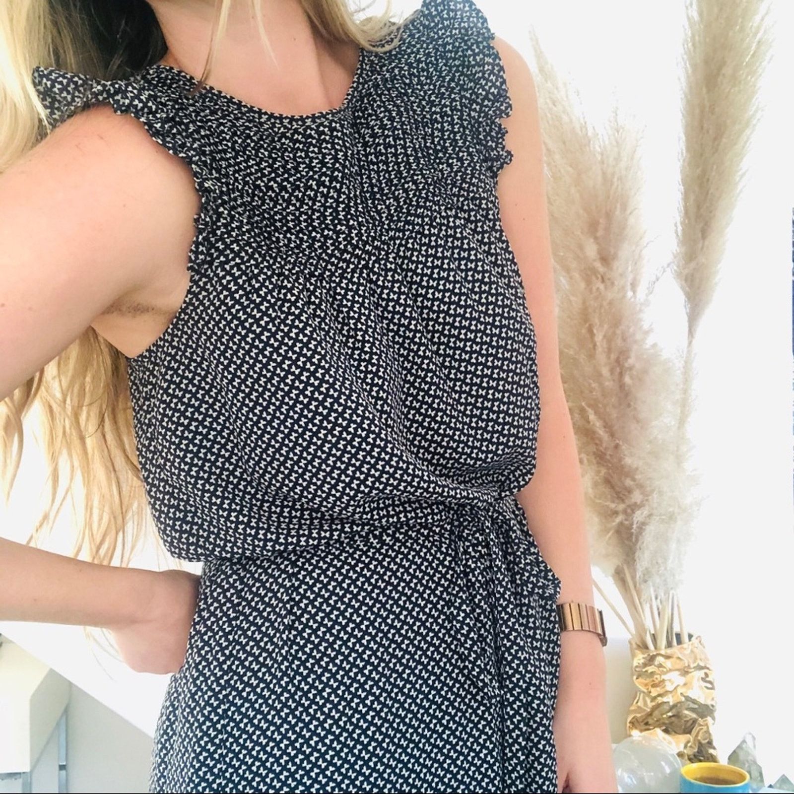 H&M H&M Navy White Printed Pleated Smocked Ruffle Tie Tank Dress Size M / US 6-8 / IT 42-44 - 5 Thumbnail
