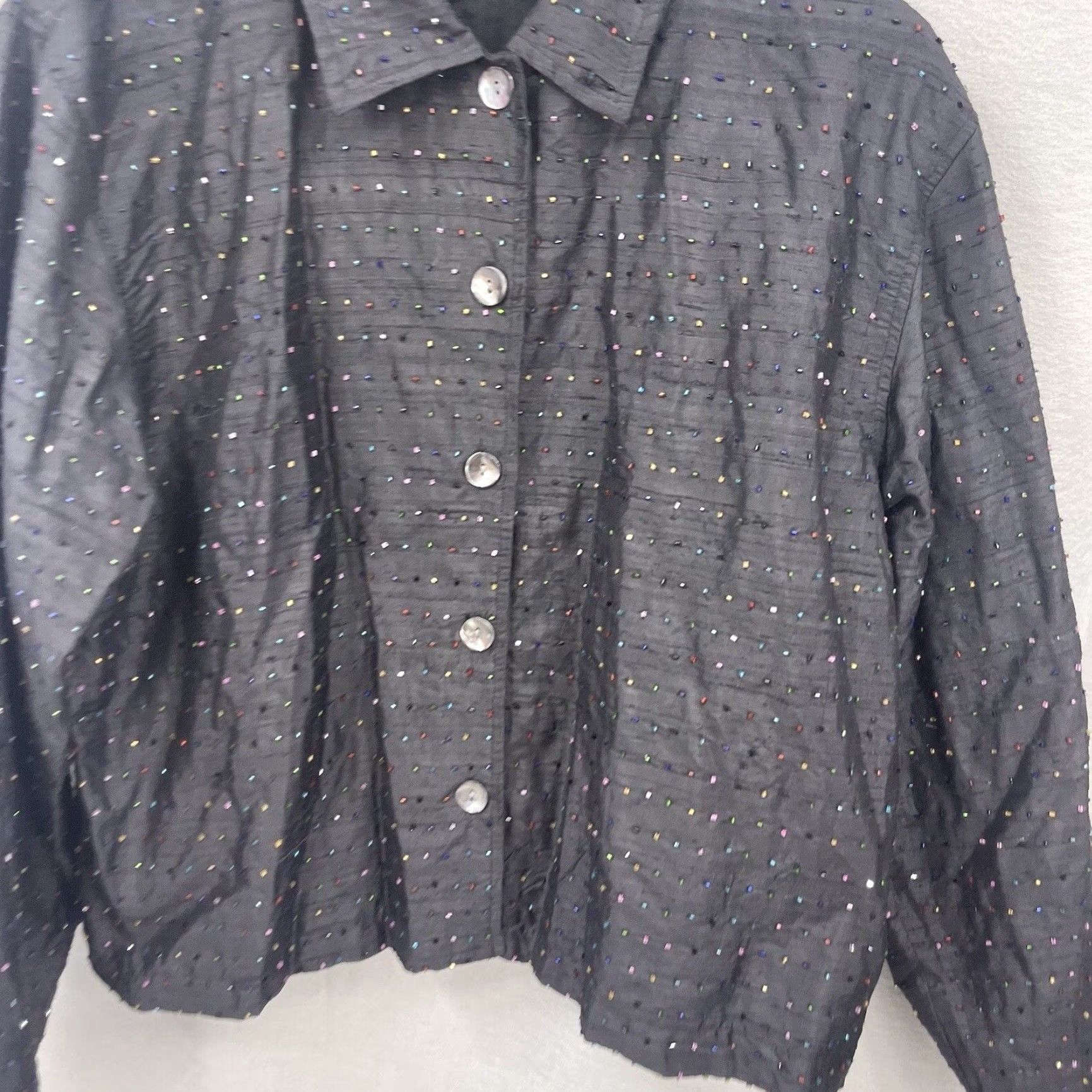 Vintage CHICO'S Blouse Shirt Womens Large Black Beaded Silk 90s Designer Lagenlook Vintage, Long Sleeve, Collared, Dry Clean Only, Regular Fit, Adult Women Size L / US 10 / IT 46 - 3 Thumbnail