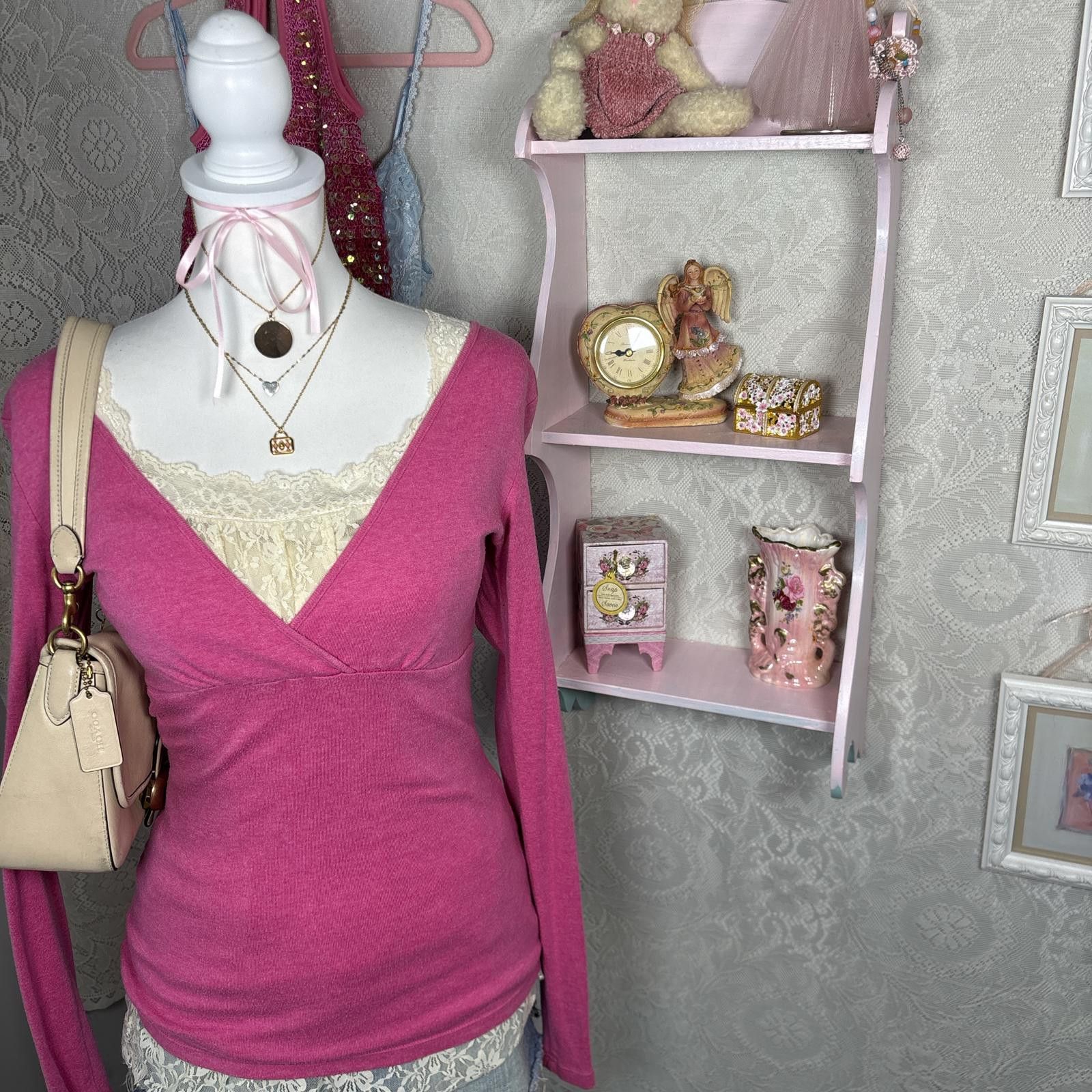 Express vintage express pink babydoll long sleeve blouse Size L / US 10 / IT 46 - 4 Thumbnail