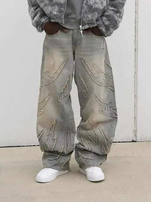 Designer × Japanese Brand × Jean Retro Raw Edge Embroidery Baggy Jeans Size US 31 - 1 Thumbnail
