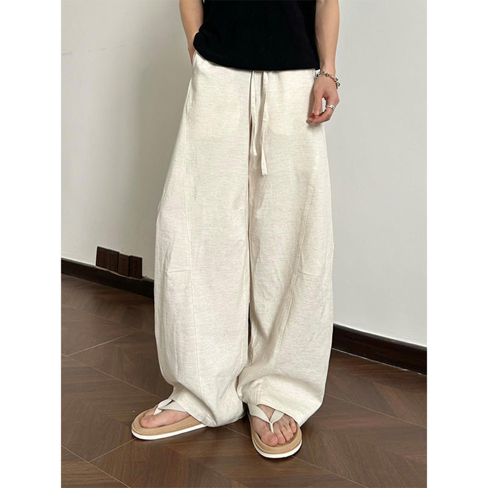 Beige Wide Leg Casual Linen Pants, Loose Fit Trousers