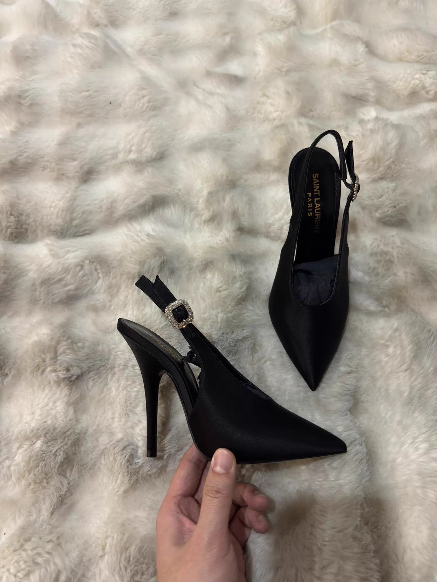 Saint Laurent Paris SLP Blk Crystal Satin Heels 35 New w/ Box & Dust Bag Size US 4.5 / IT 34.5 - 4 Thumbnail