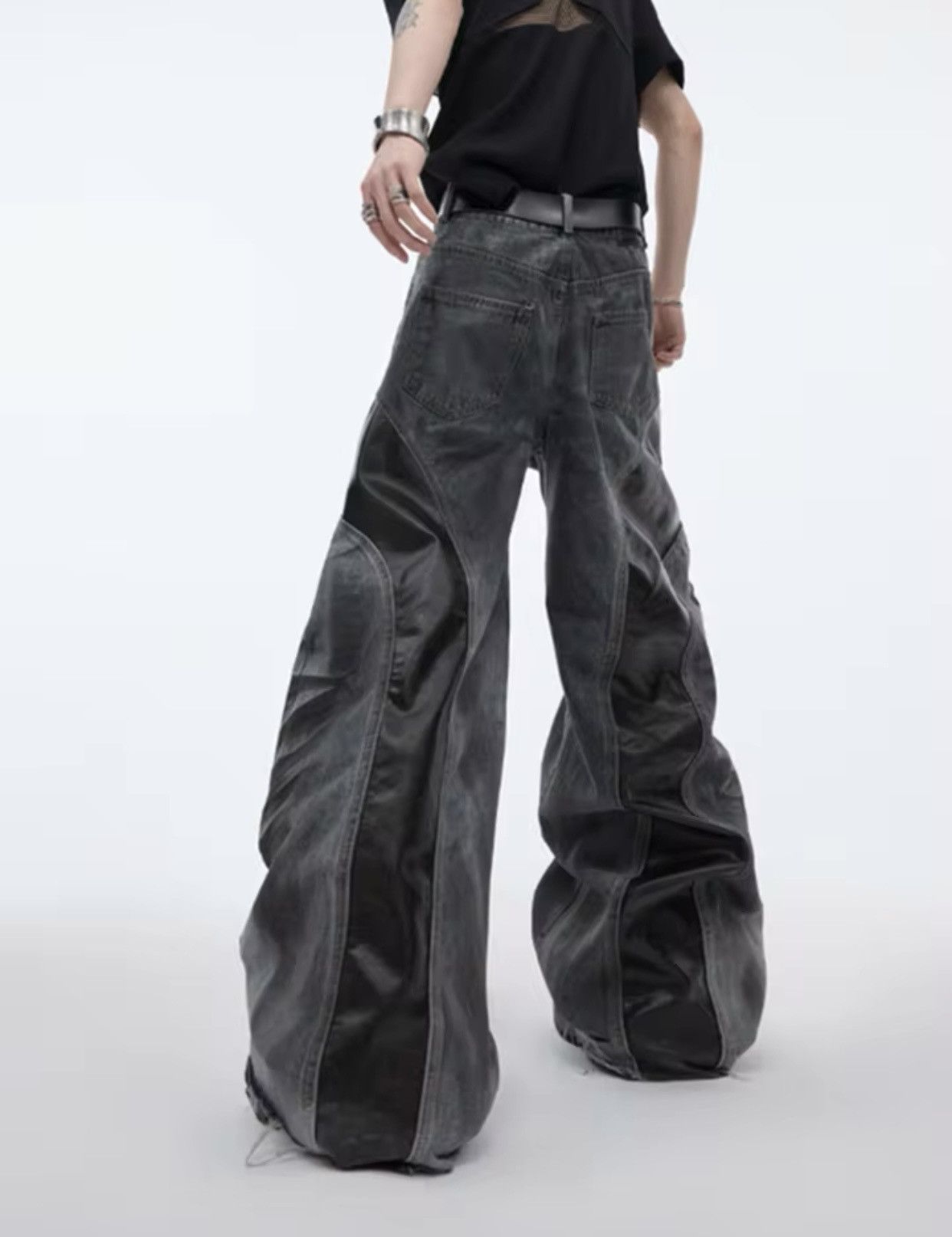 Leather Cyber Y2K Streetwear Pu Leather Patchwork Baggy Flare Jeans Size US 34 / EU 50 - 2 Thumbnail