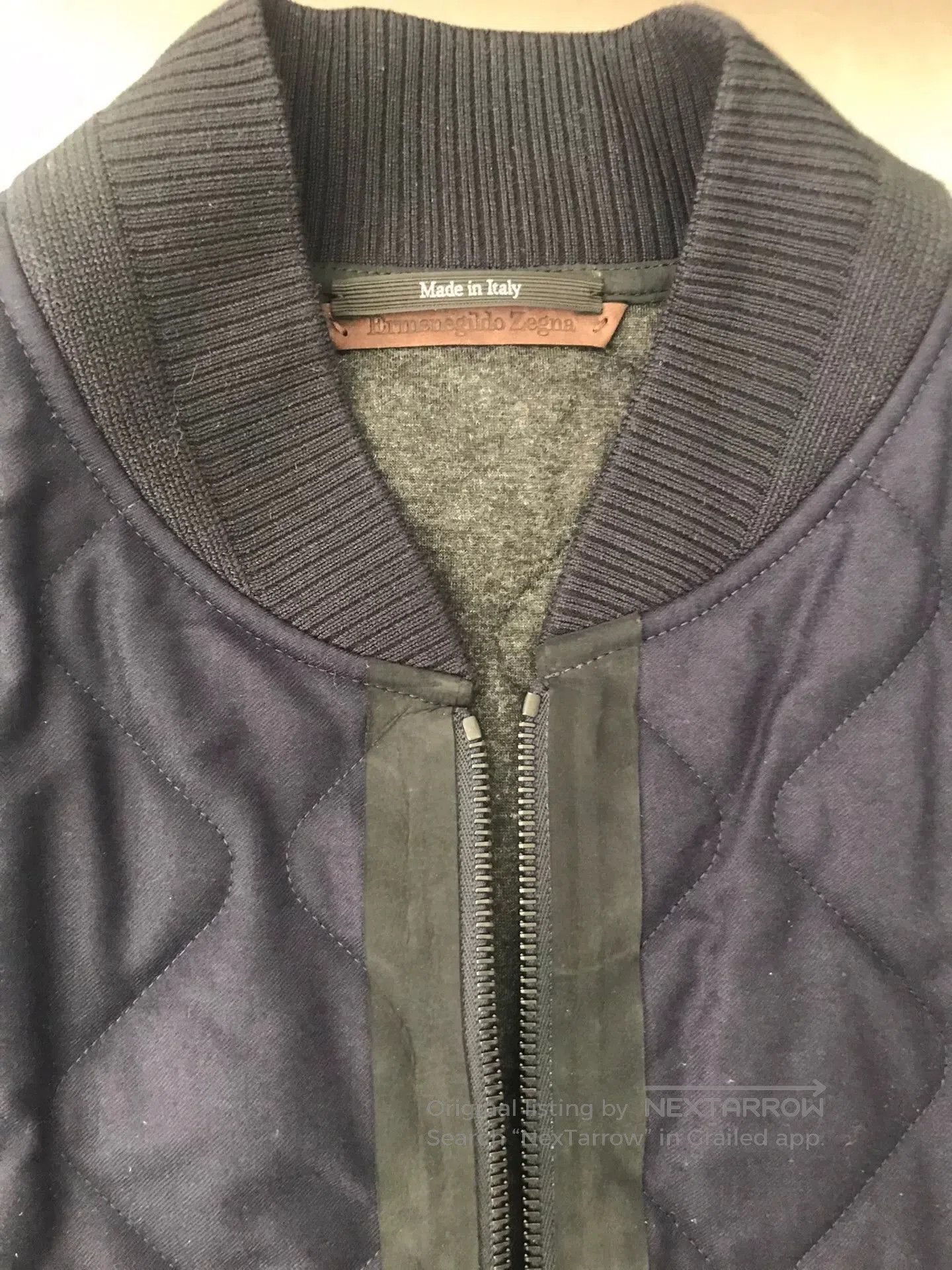 Ermenegildo Zegna navy quilted wool jacket with leather trim. Size US L / EU 52-54 / 3 - 3 Thumbnail