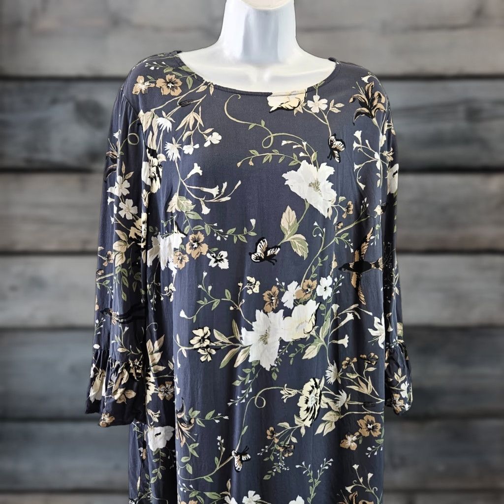 Old Navy Old Navy Womens Dress Large Gray White Floral 3/4 Sleeve Rayon Shift Size L / US 10 / IT 46 - 1 Thumbnail