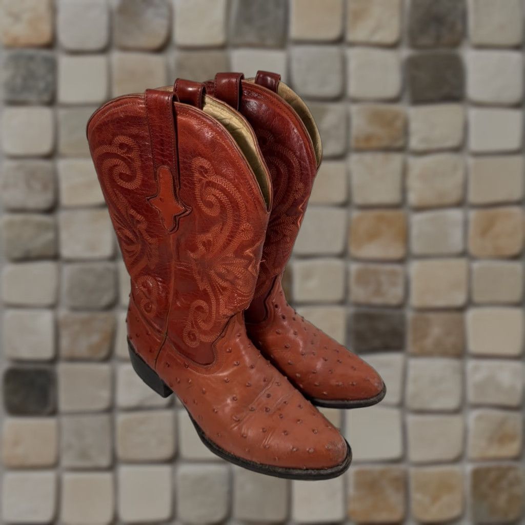 Tres Garcia Ostrich Print Boots Men 8.5 Red Leather Western Rodeo Mexico