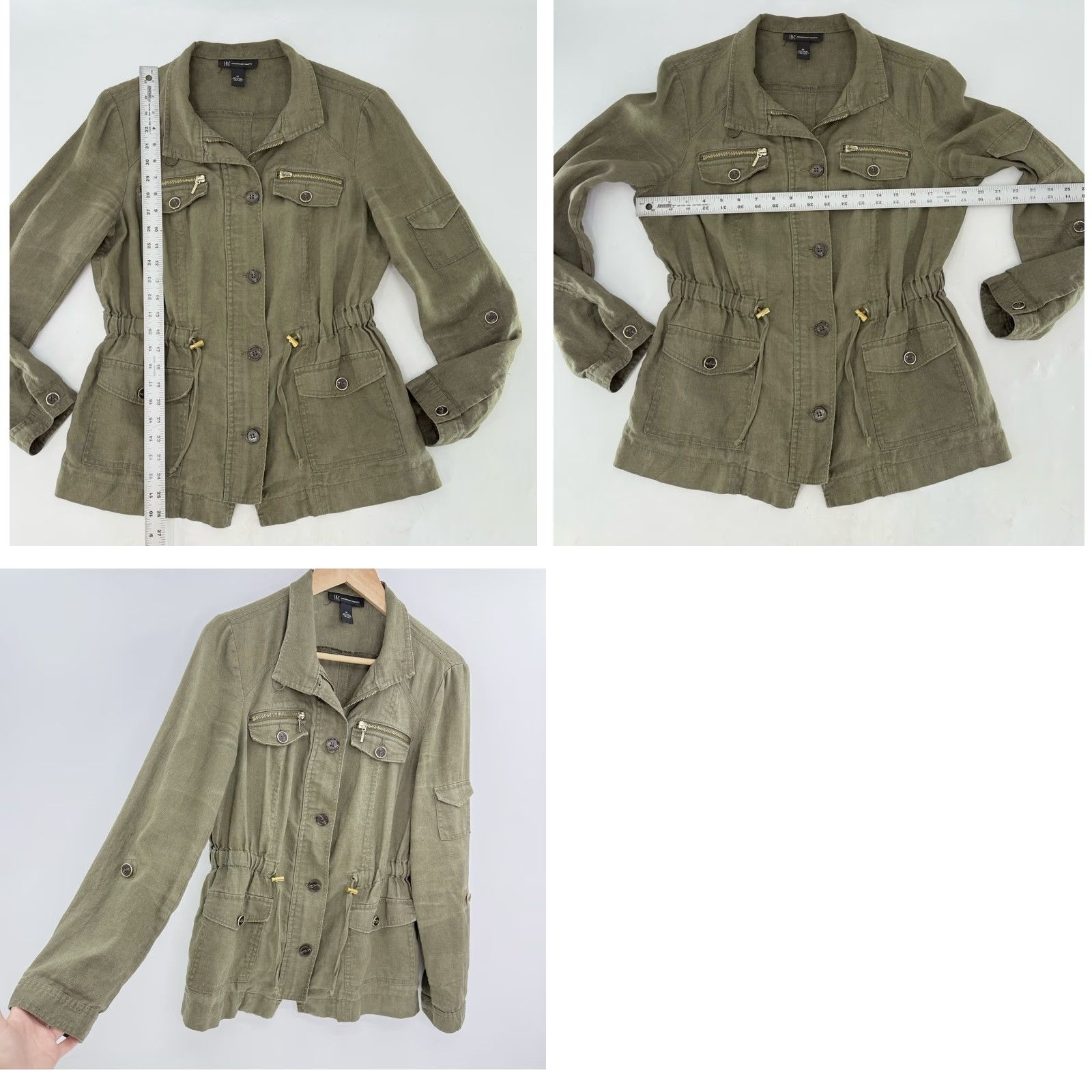 Vintage INC International Concepts Jacket Military Linen Green 100% Linen M Zip Pockets Collared Solid Green Women Adult Regular Modern Style Size M / US 6-8 / IT 42-44 - 8 Thumbnail