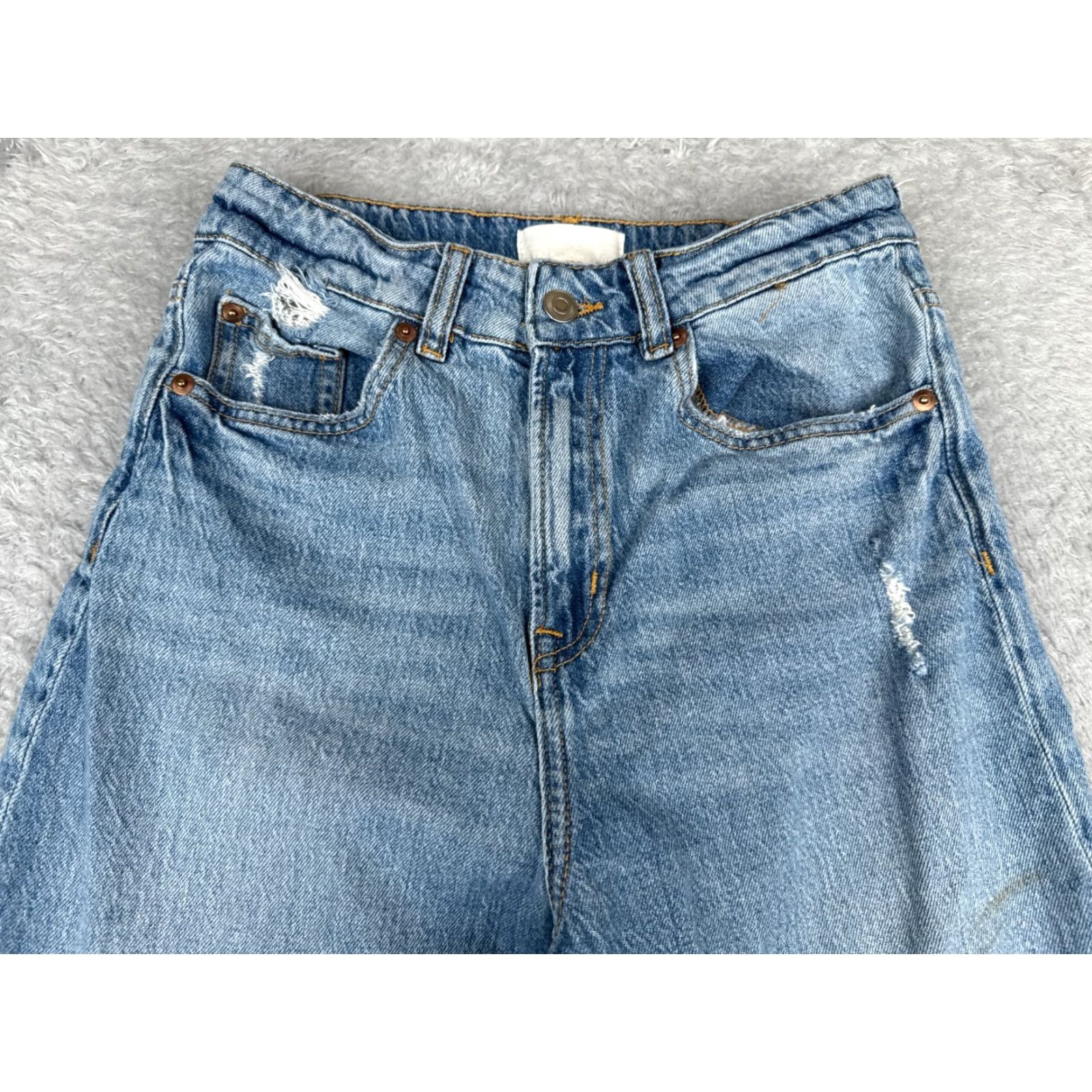 H&M H&M Jeans Womens 6 Blue Denim Distressed Wide Leg High Rise Cotton Blend 25x29 Size 28" / US 6 / IT 42 - 4 Thumbnail