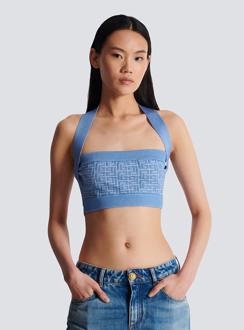 Balmain o1s1wg111225 Knit Halterneck Top With Monogram in Blue Size XL / US 12-14 / IT 48-50 - 4 Thumbnail