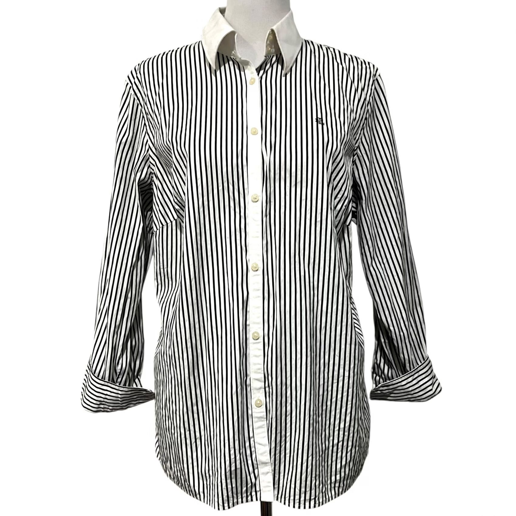 Ralph Lauren VINTAGE Lauren Ralph Lauren Striped Button-Up Top Long Sleeve Black White 1X Women Shirt Cardigan? Size XL / US 12-14 / IT 48-50 - 2 Thumbnail