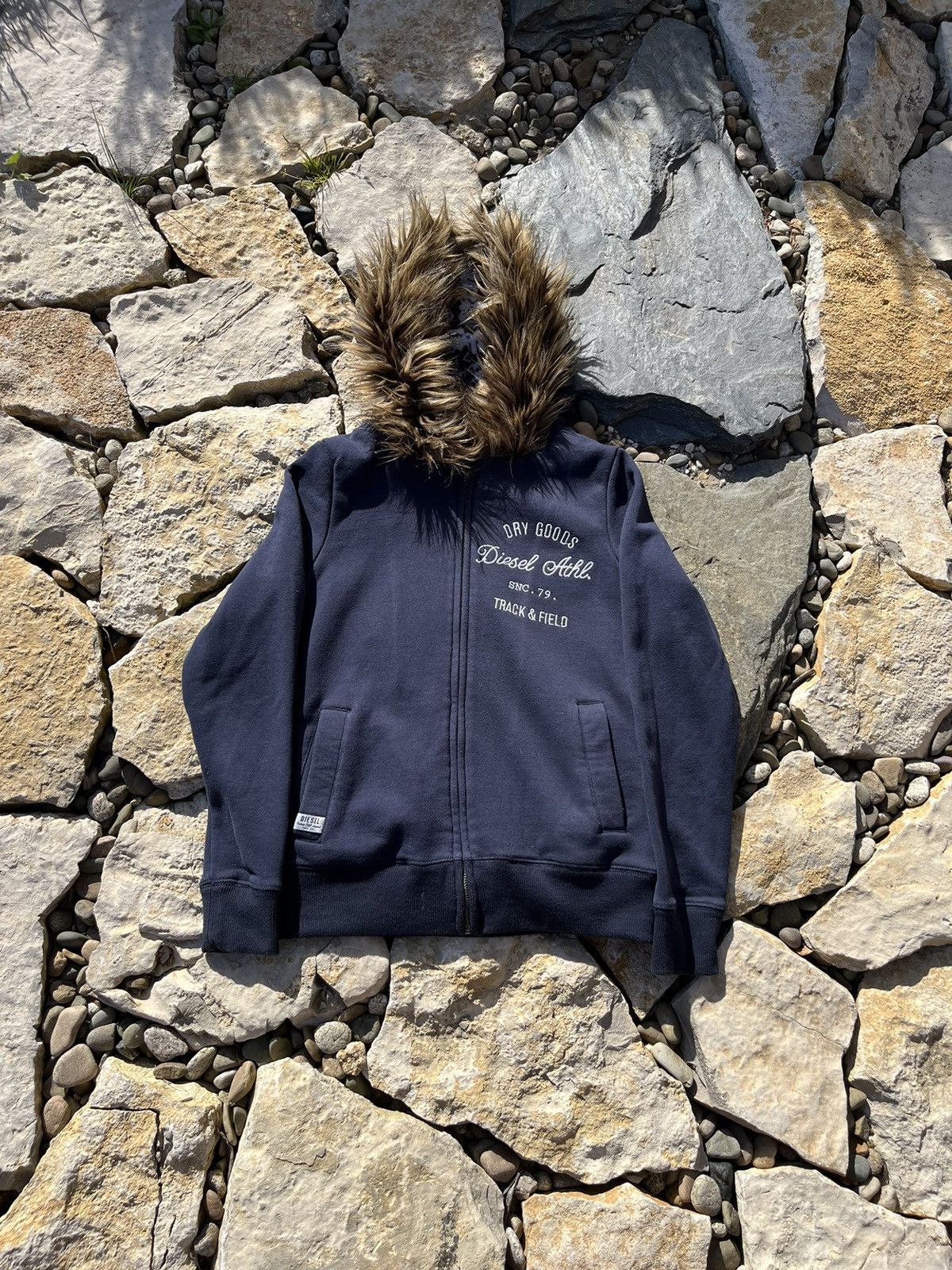 Image of Vintage Diesel Faux Fur Zip Hoodie Y2K Sweatshirt Sherpa in Navy, Women's (Size Small)