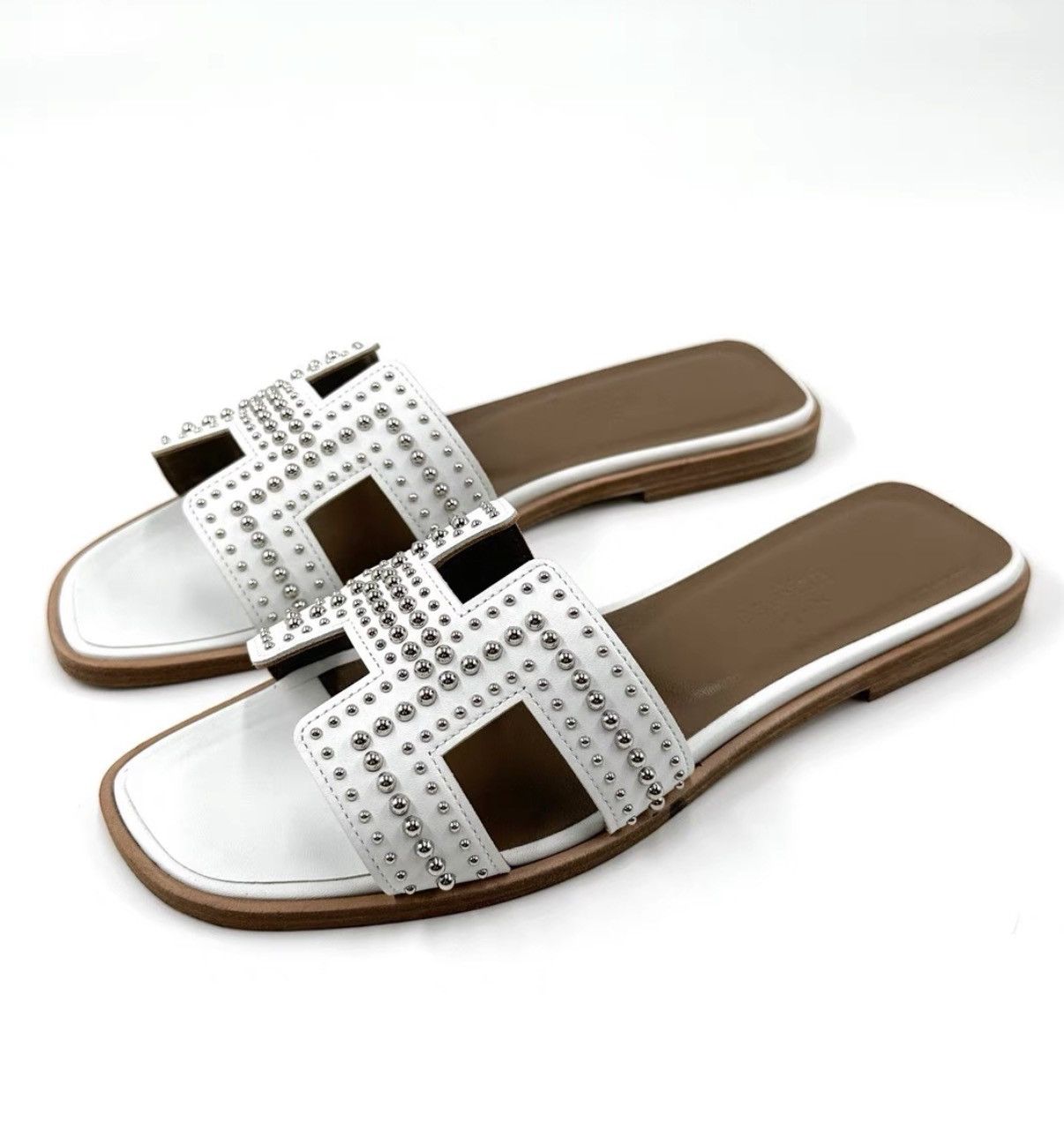 Hermes Hermes Studded H White & Brown Sandals K12 Size US 6 / IT 36 - 1 Thumbnail