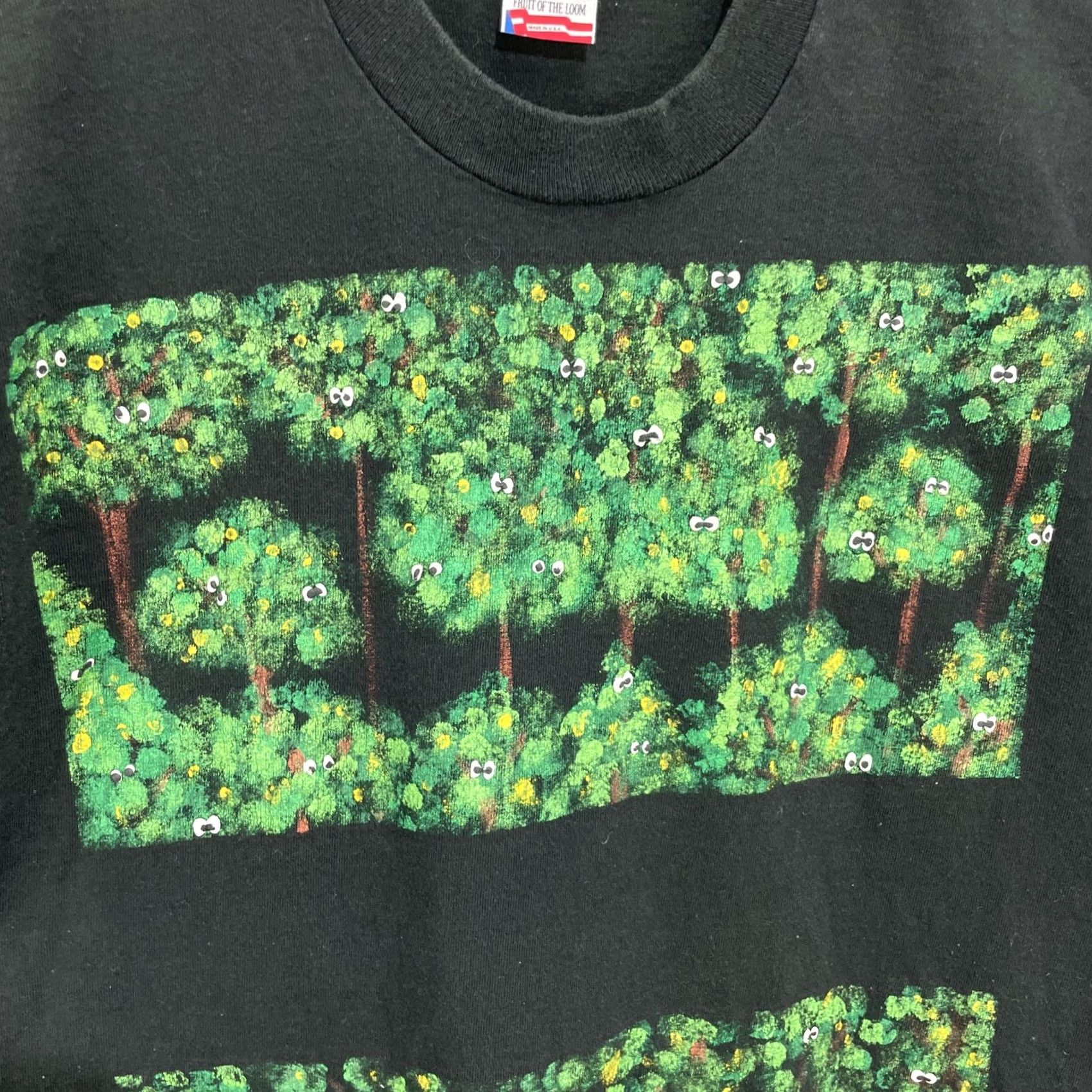 Fruit Of The Loom VINTAGE Puff Painted Eyes In The Forest T Shirt Large Black Cotton Fruit of the Loom Men 1990s Graphic Tee Grunge US Made Size US L / EU 52-54 / 3 - 7 Thumbnail